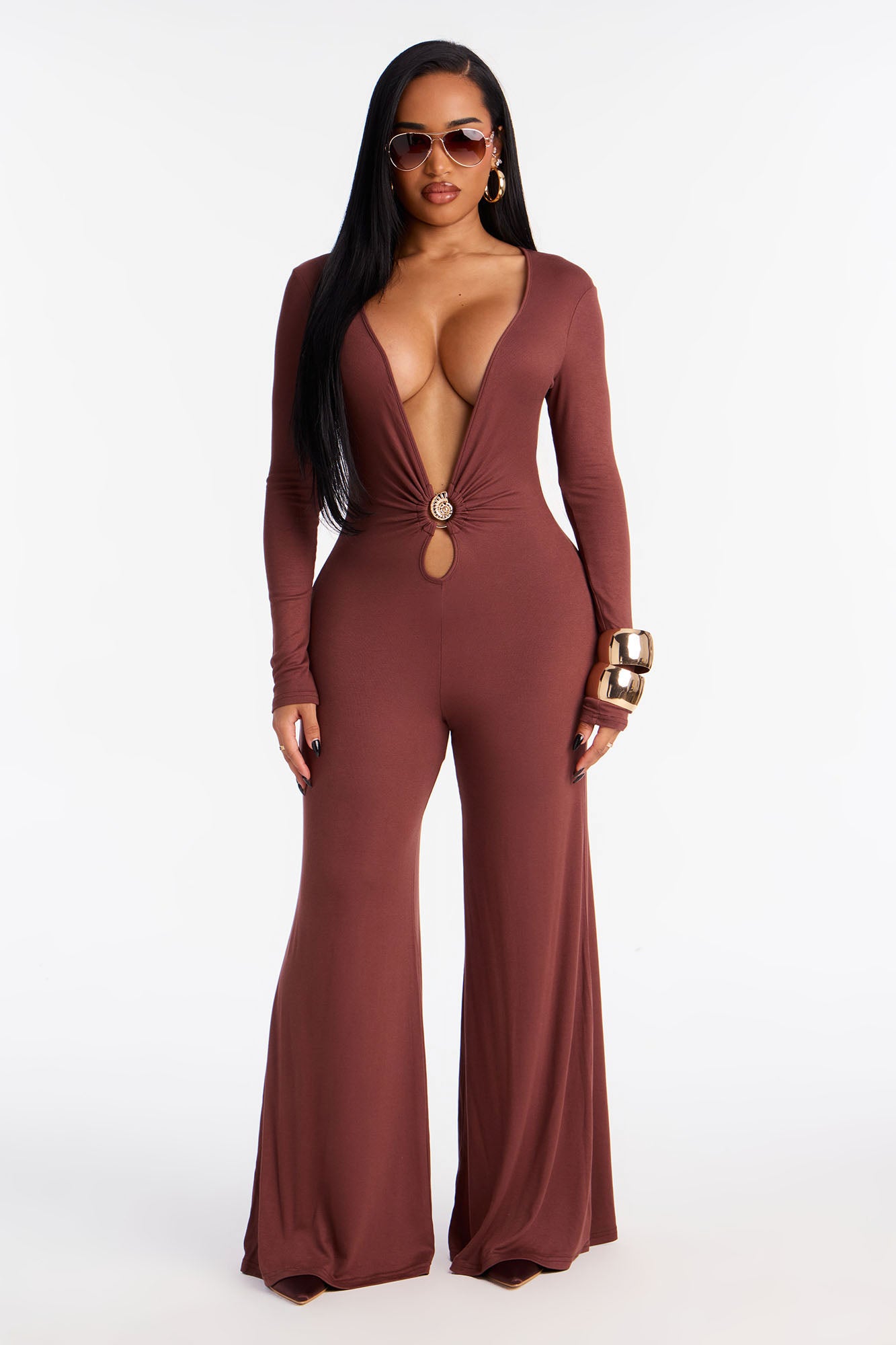 Made To Tempt Plunge Neck Jumpsuit - Brown