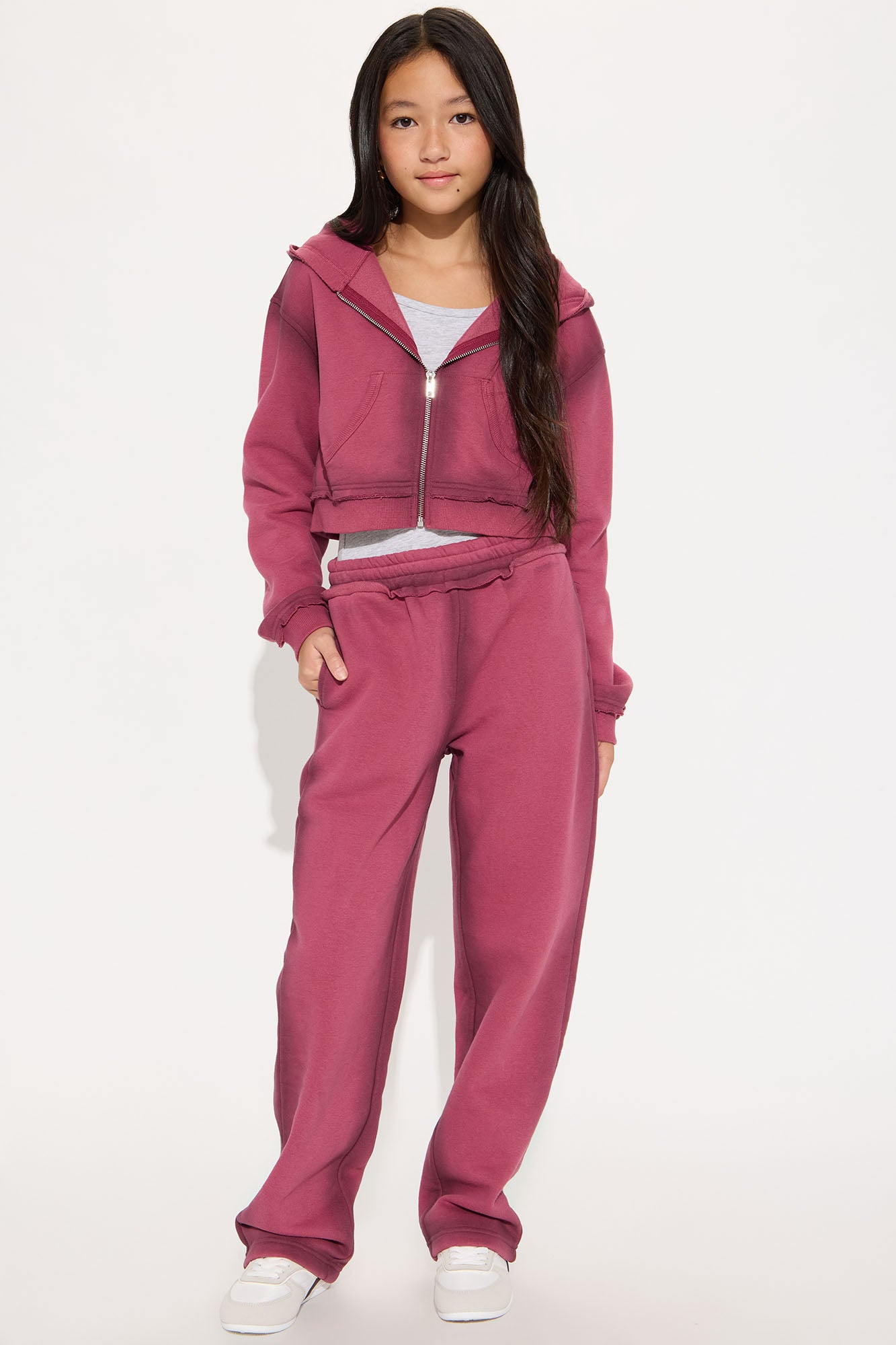 Mini Wynona Washed Fleece Pant Set - Burgundy