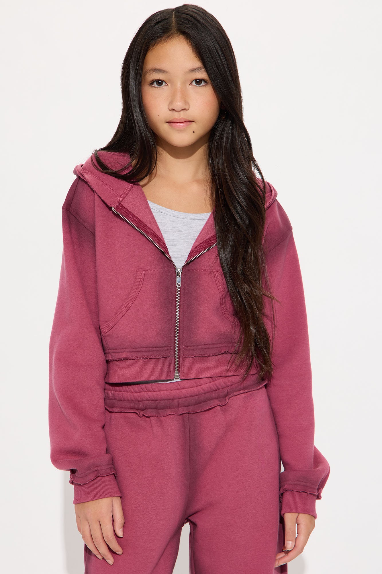 Mini Wynona Washed Fleece Pant Set - Burgundy