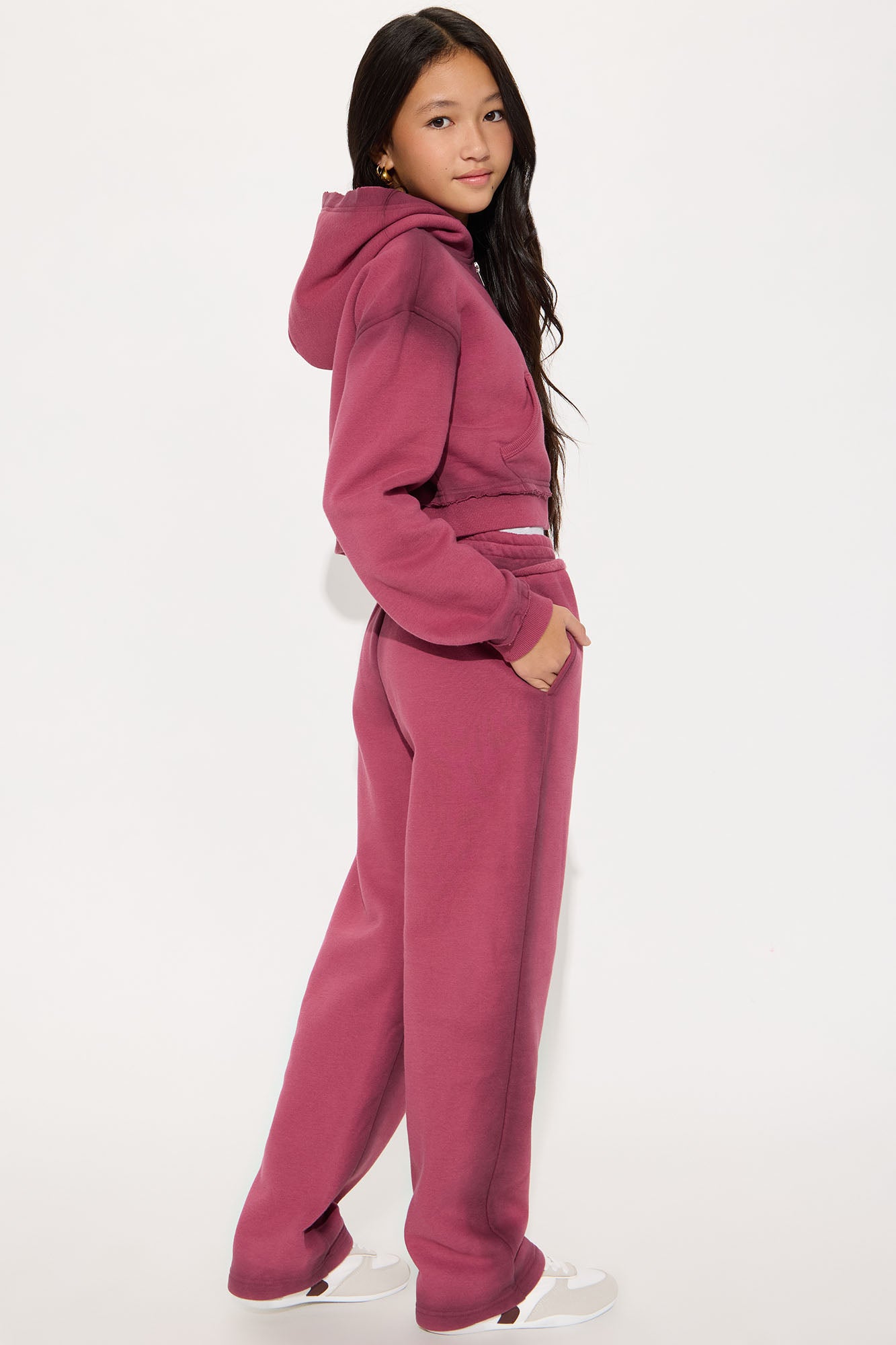 Mini Wynona Washed Fleece Pant Set - Burgundy