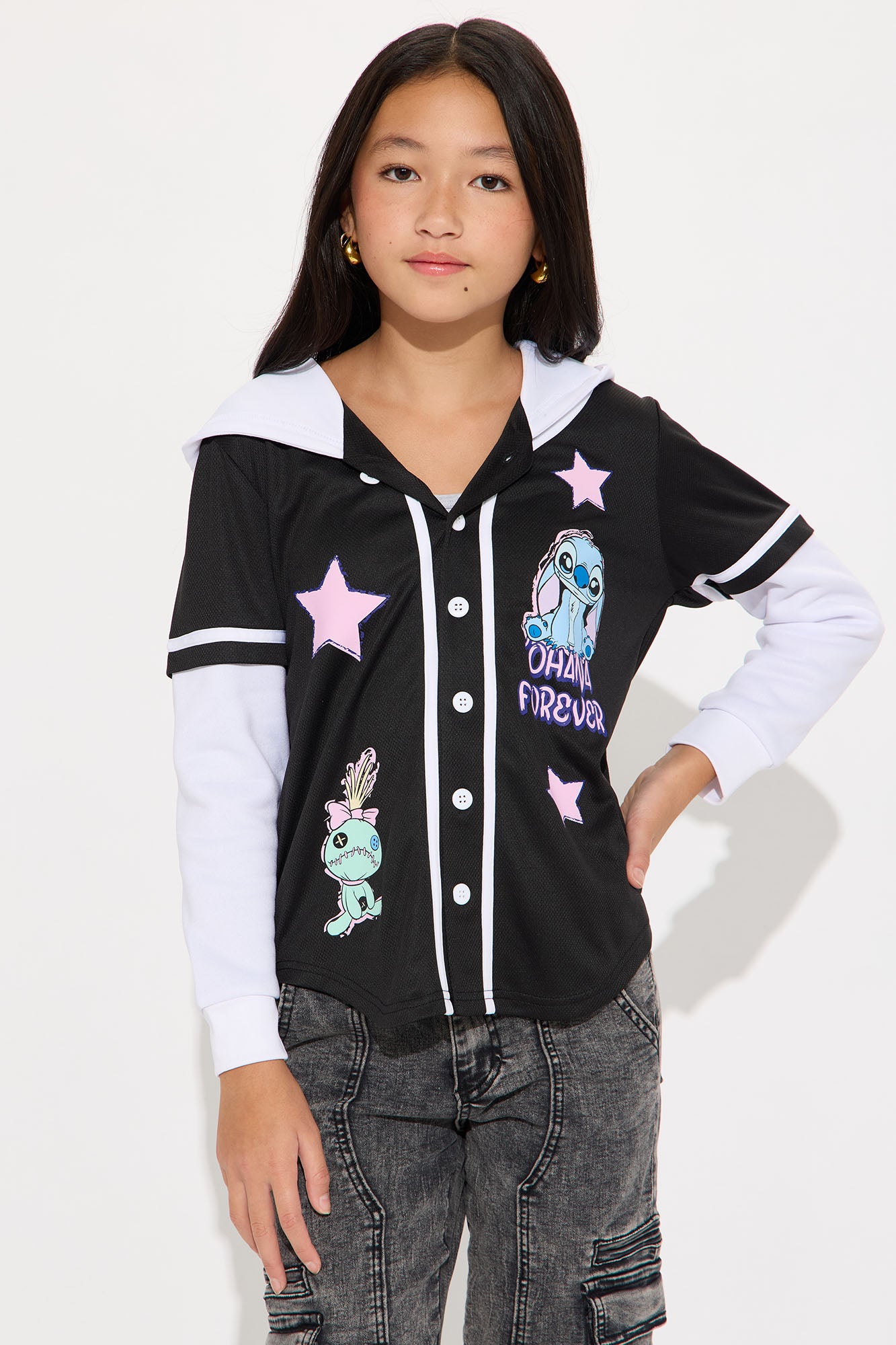 Mini Stitch Ohana Forever Hooded TwoFer Jersey - Black/White
