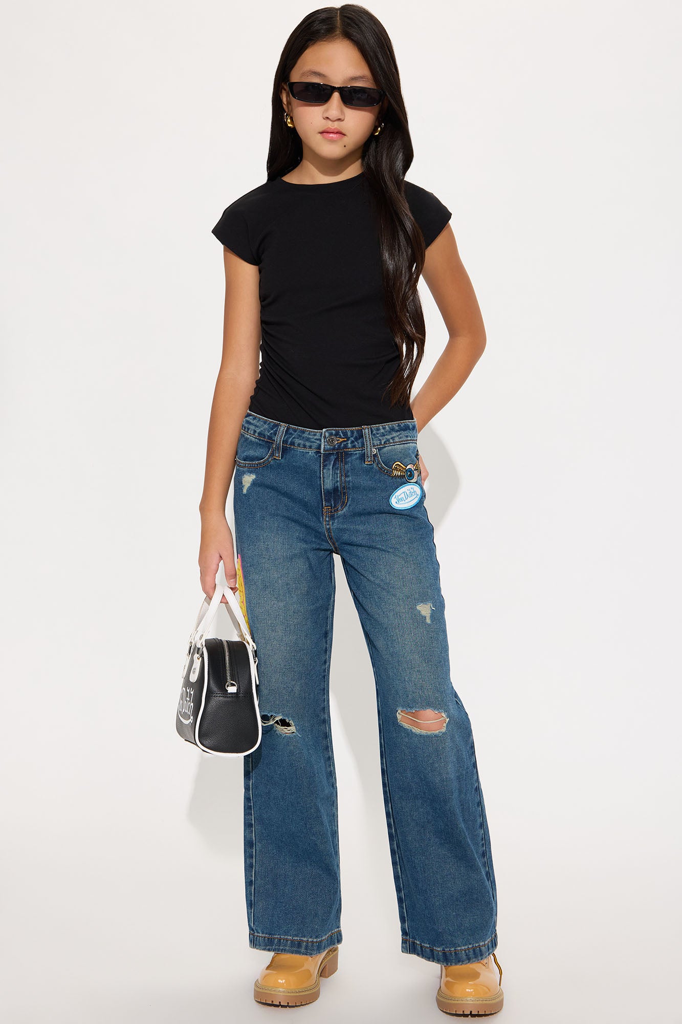 Mini Von Dutch Patchwork Mid Rise Wide Leg Jeans - Dark Wash
