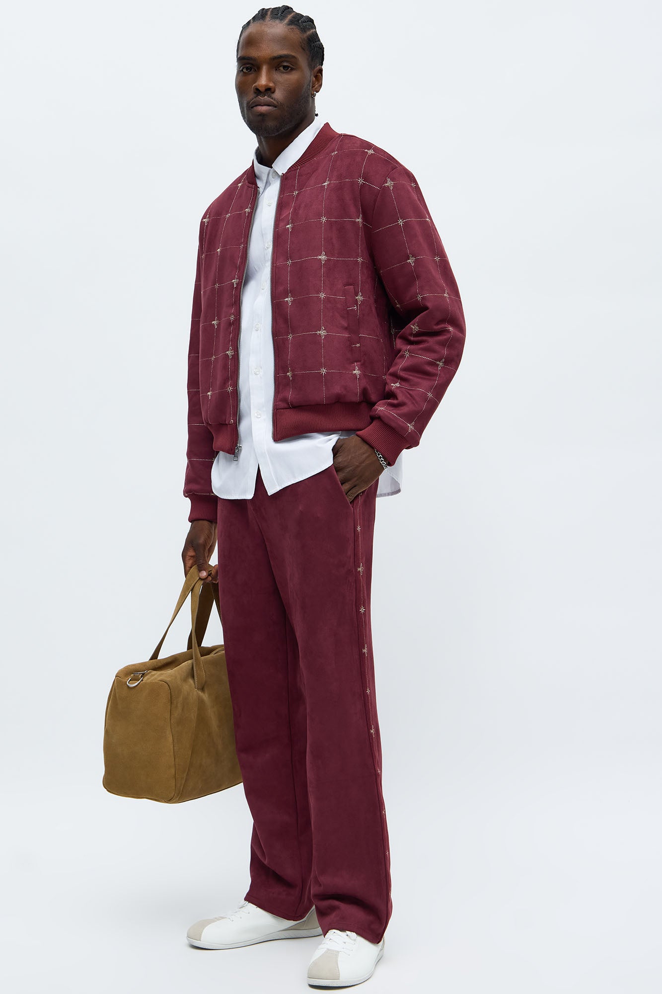 Straight Faux Velvet Buzzed Pant - Burgundy