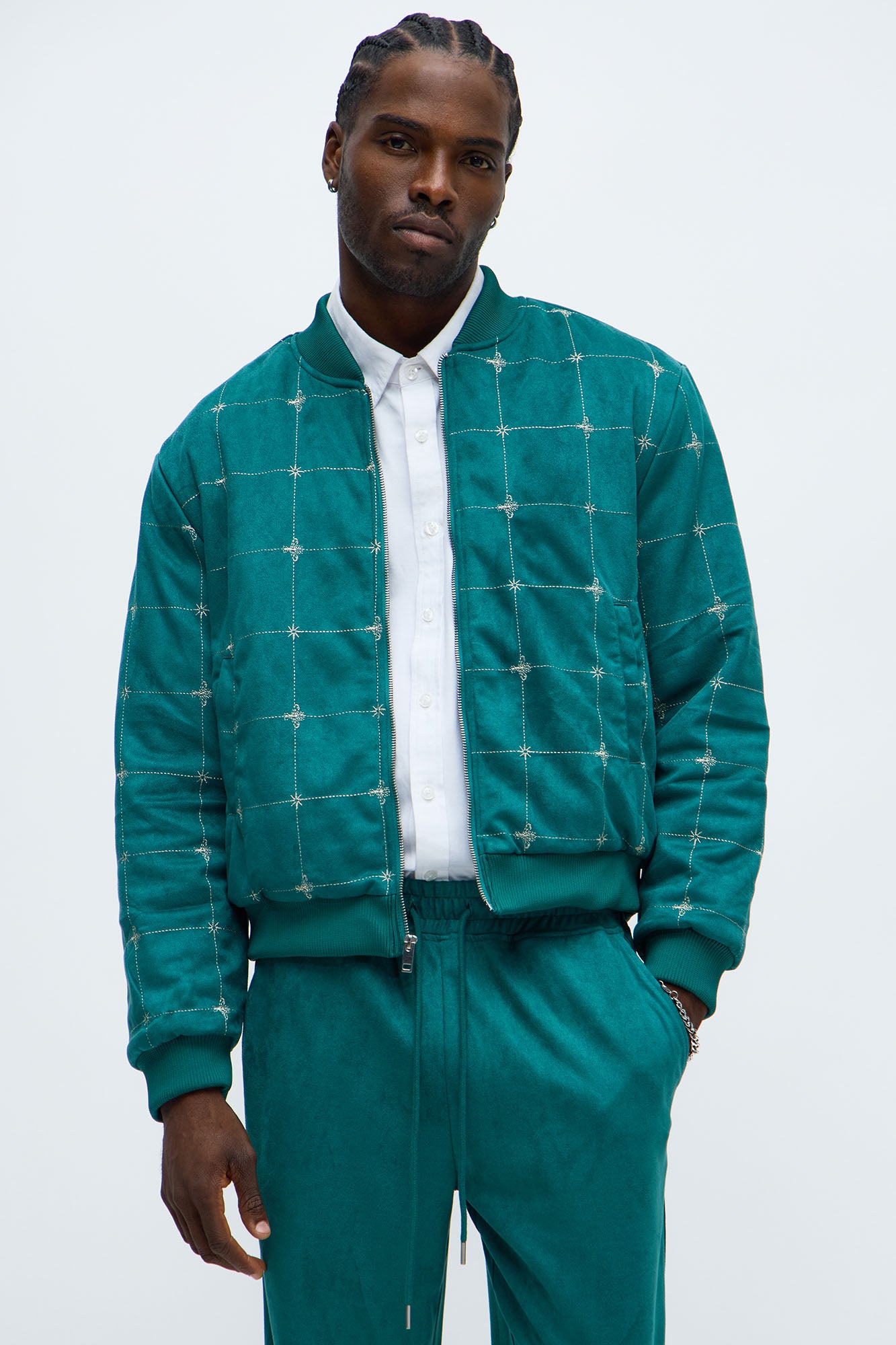 Relaxed Faux Velvet Buzzed Bomber Jacket - Green