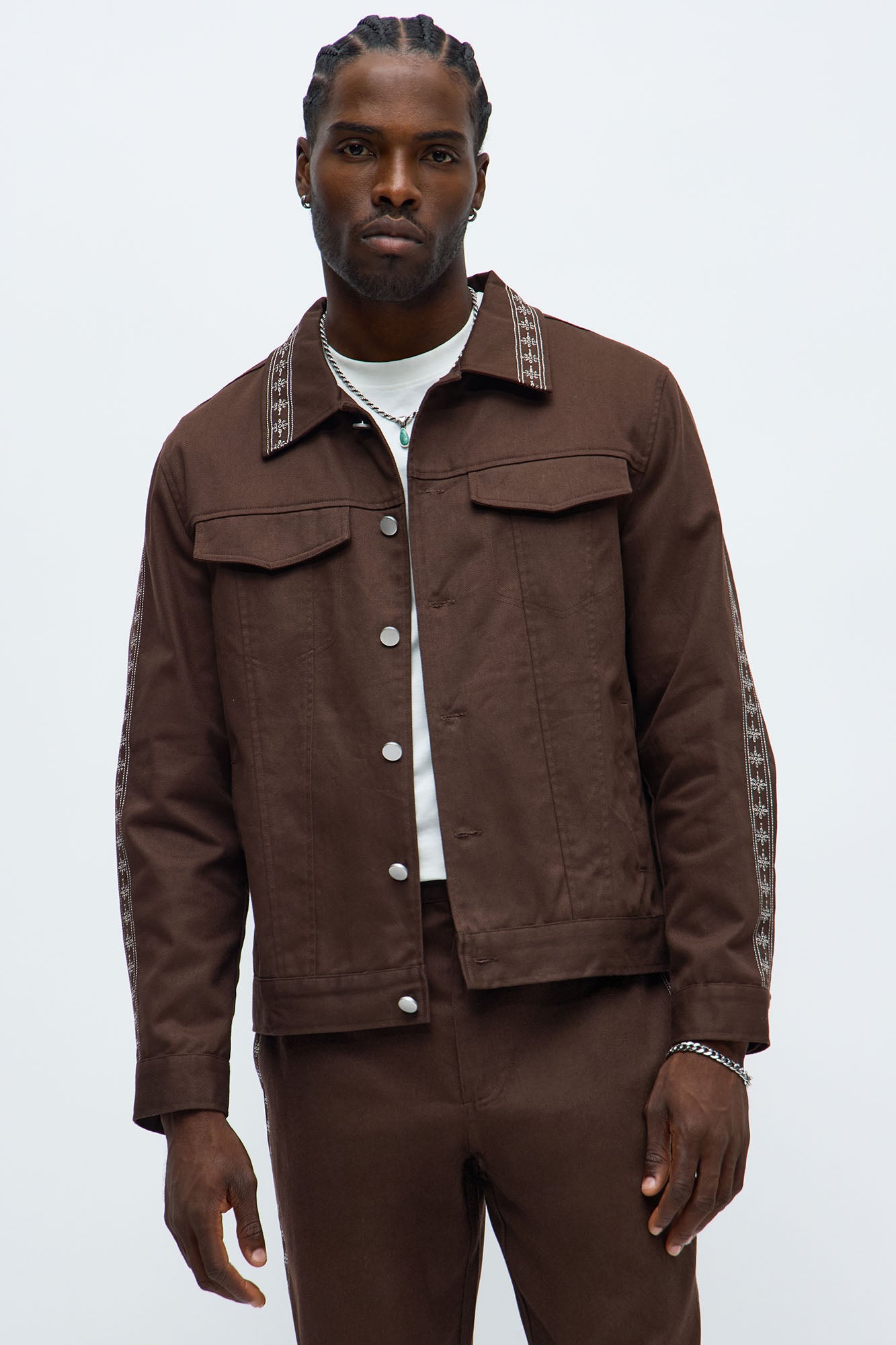 On A Loop Embroidered Stitch Trucker Jacket - Brown