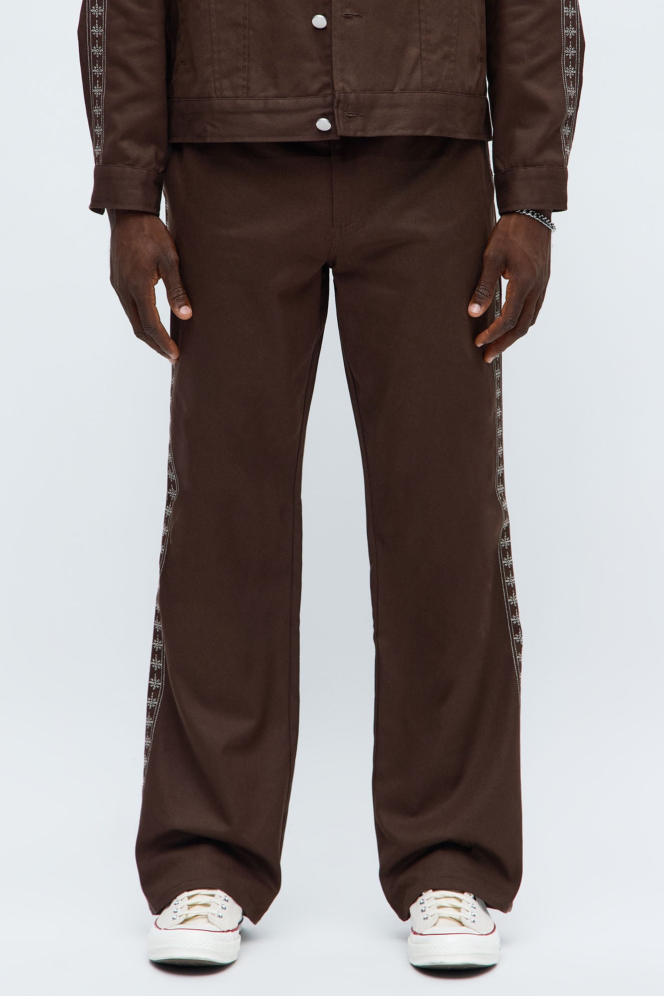 Stacked Slim Flare On A Loop Embroidered Stitch Pant - Brown