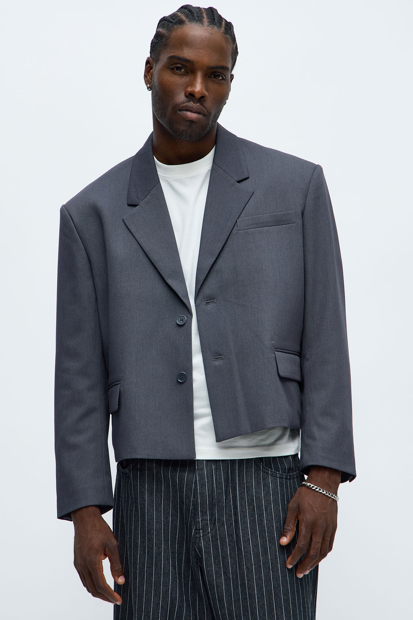 Gabardine Boxy Cropped Single Breasted Blazer - Charcoal