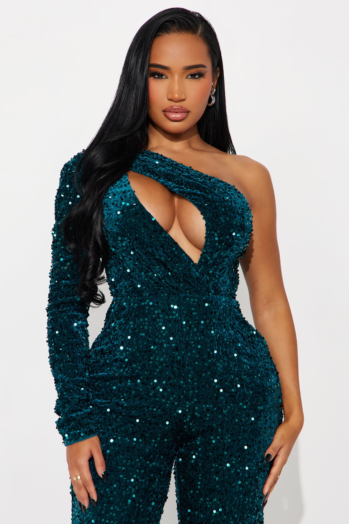 Cece Sequin One Shoulder Jumpsuit - Emerald