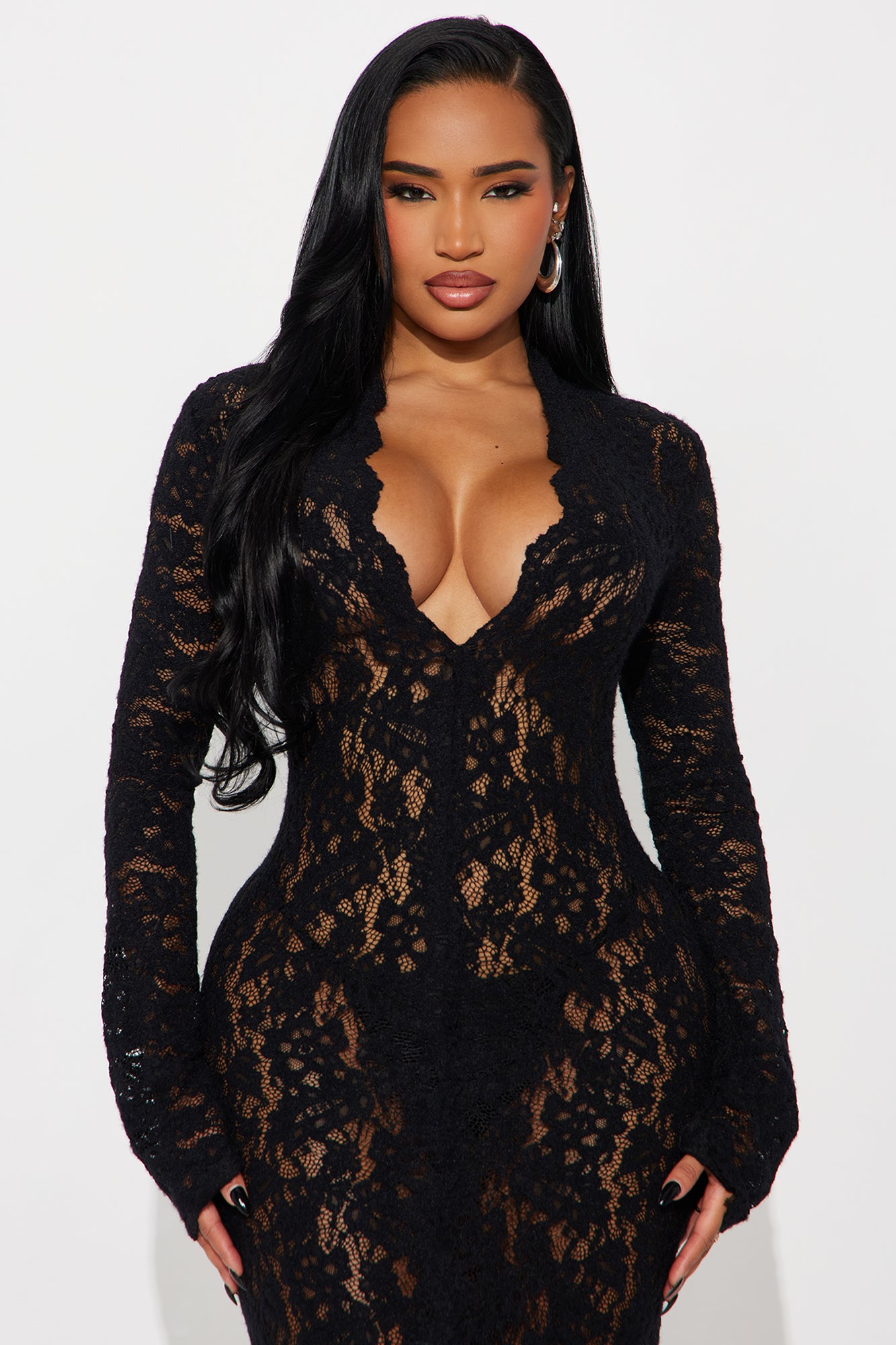 Lace Is More Long Sleeve Lace Midi Dress - Black