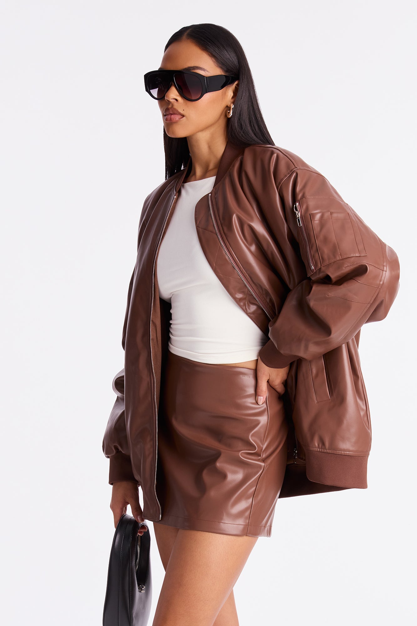 Soft Serve Faux Leather Skort Set - Brown