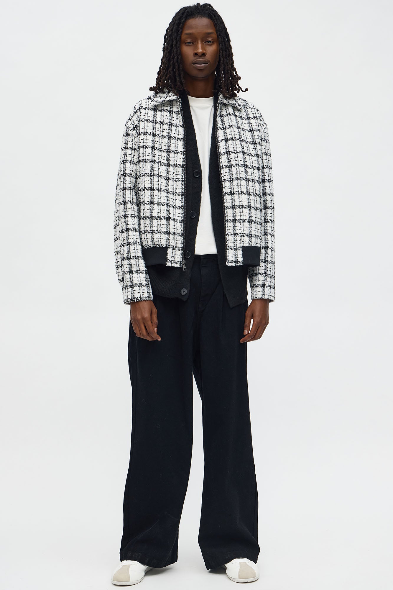 Relaxed Textured Boucle Plaid Work Zip Jacket - Black/White