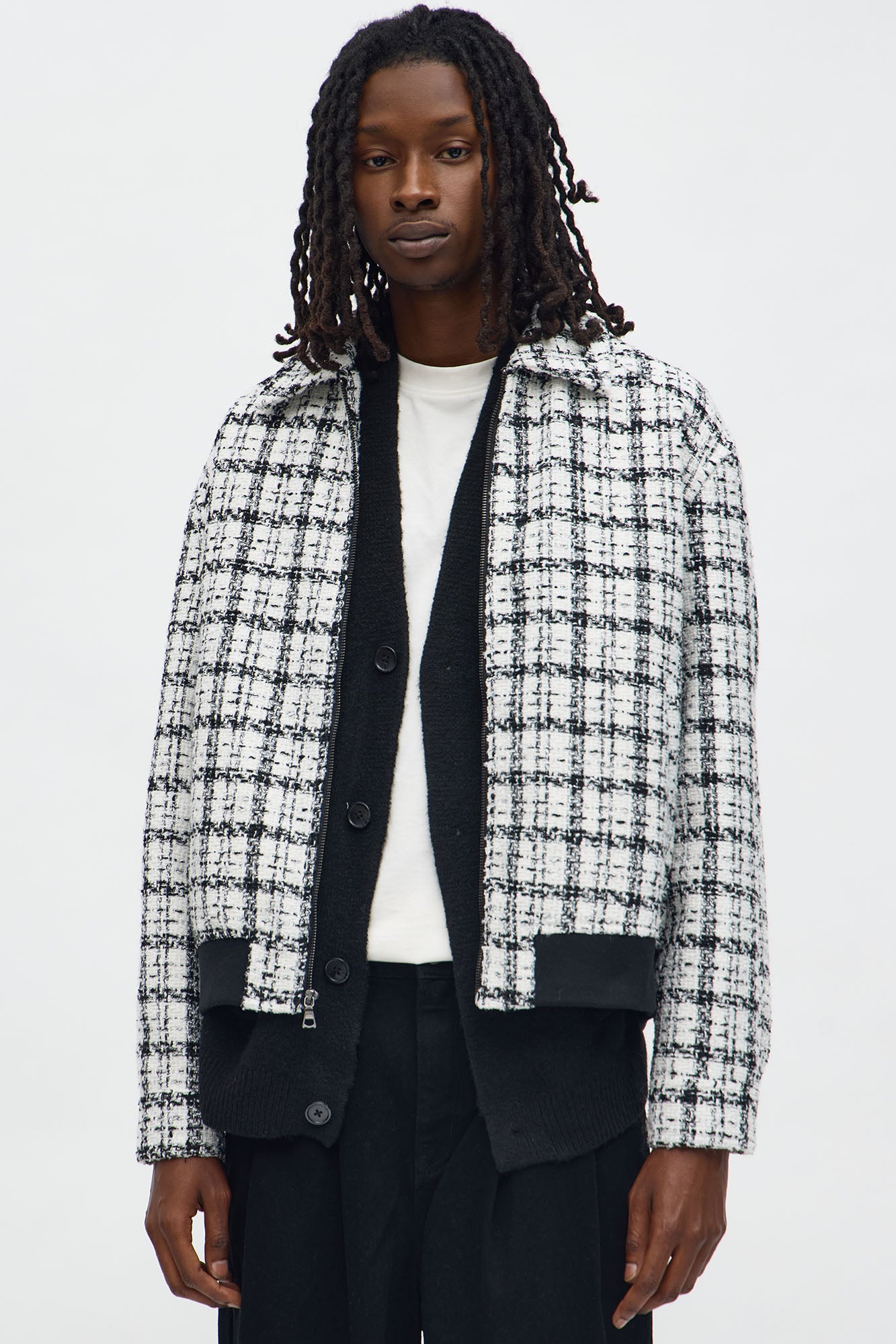 Relaxed Textured Boucle Plaid Work Zip Jacket - Black/White