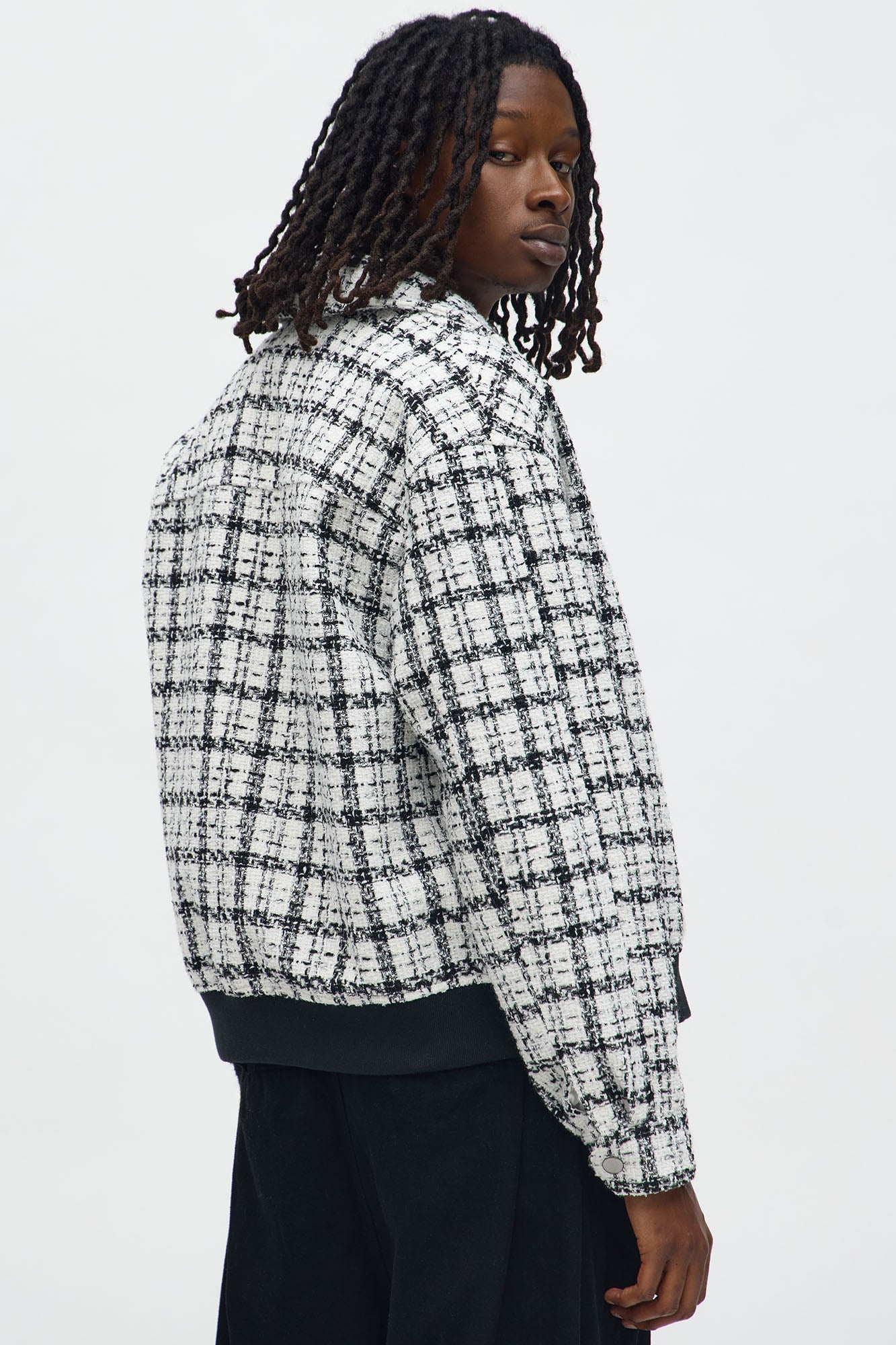 Relaxed Textured Boucle Plaid Work Zip Jacket - Black/White
