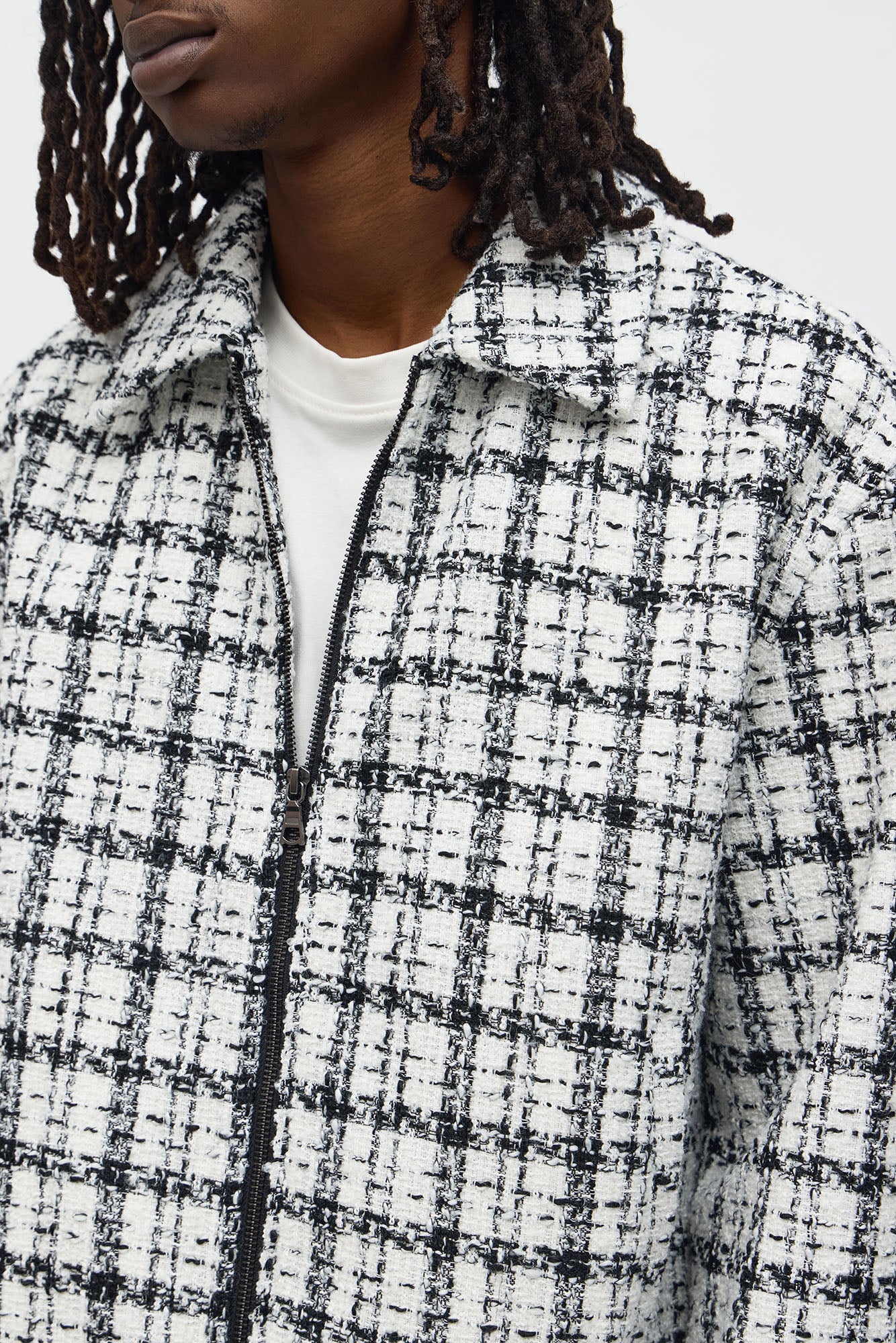 Relaxed Textured Boucle Plaid Work Zip Jacket - Black/White
