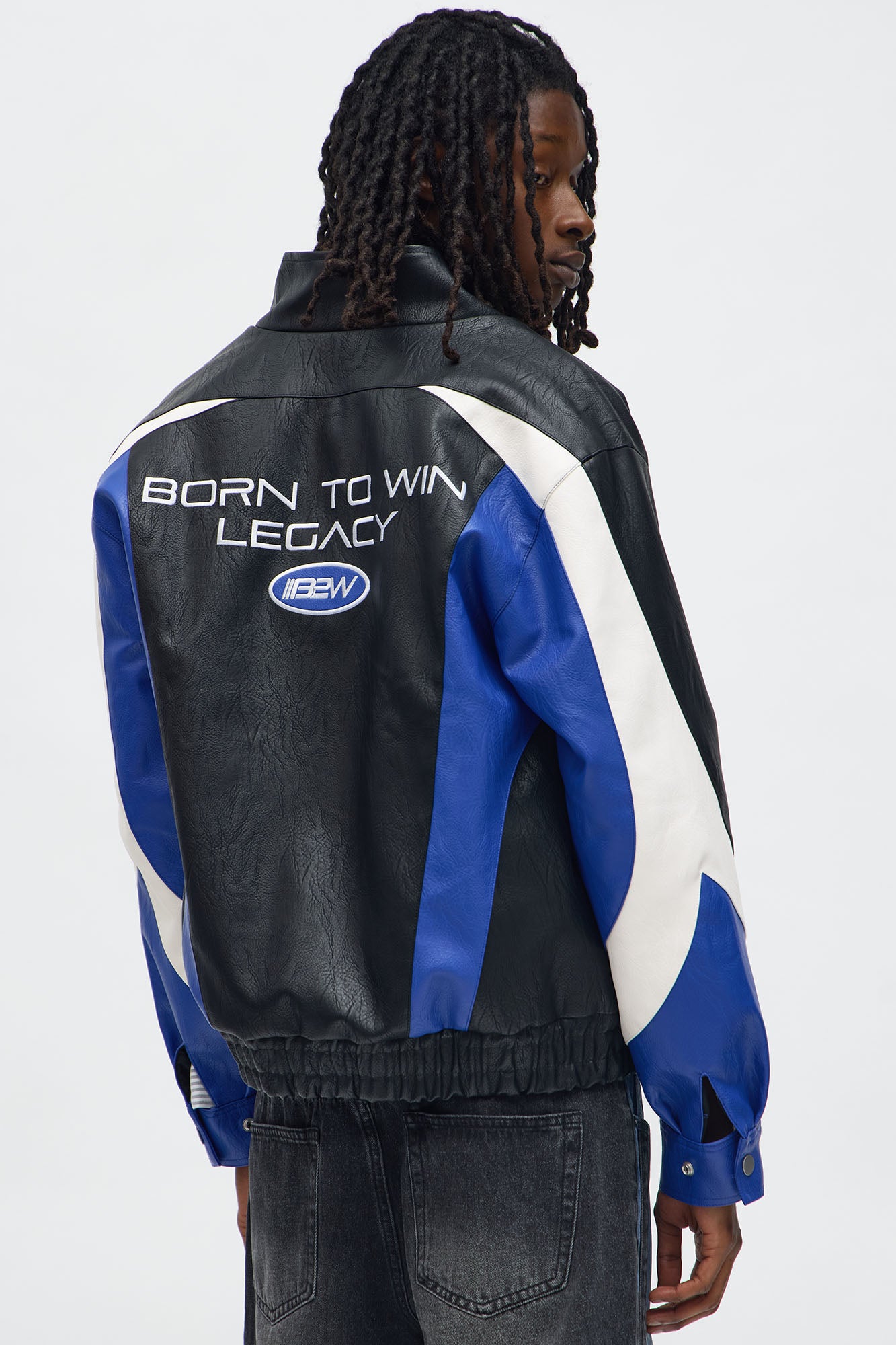 Colorblock Racer Faux Leather Bomber Jacket - Black