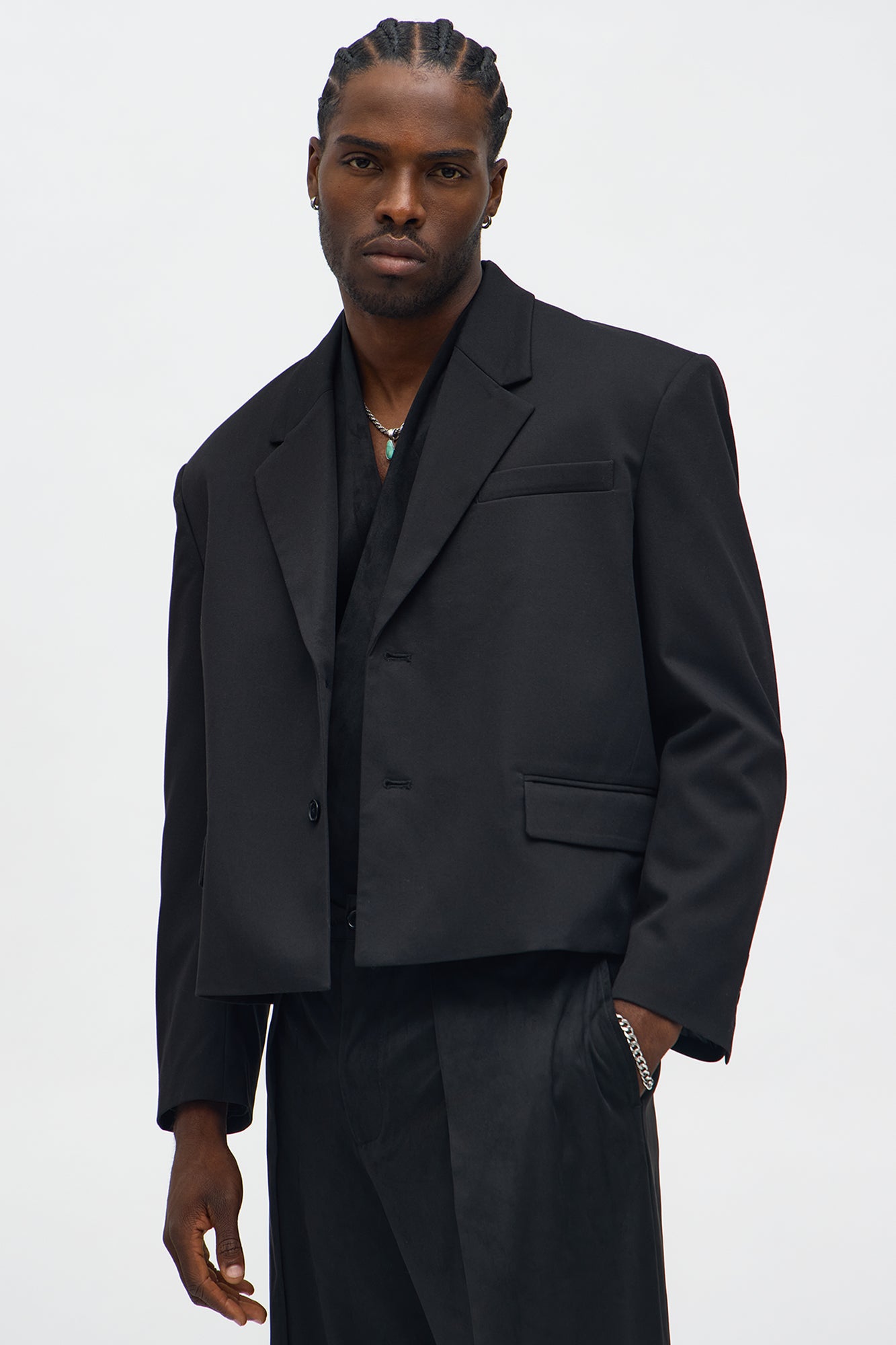 Gabardine Boxy Cropped Single Breasted Blazer - Black