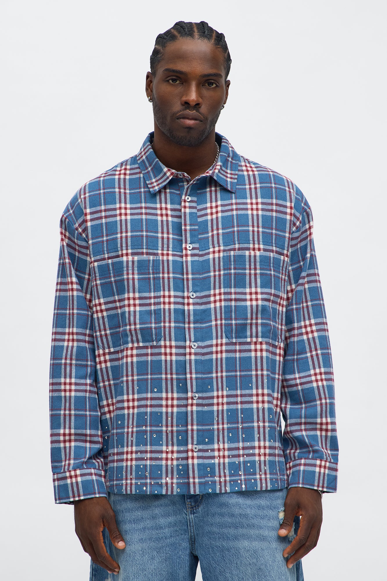 Studio Stampede Rhinestone Flannel - Blue/combo