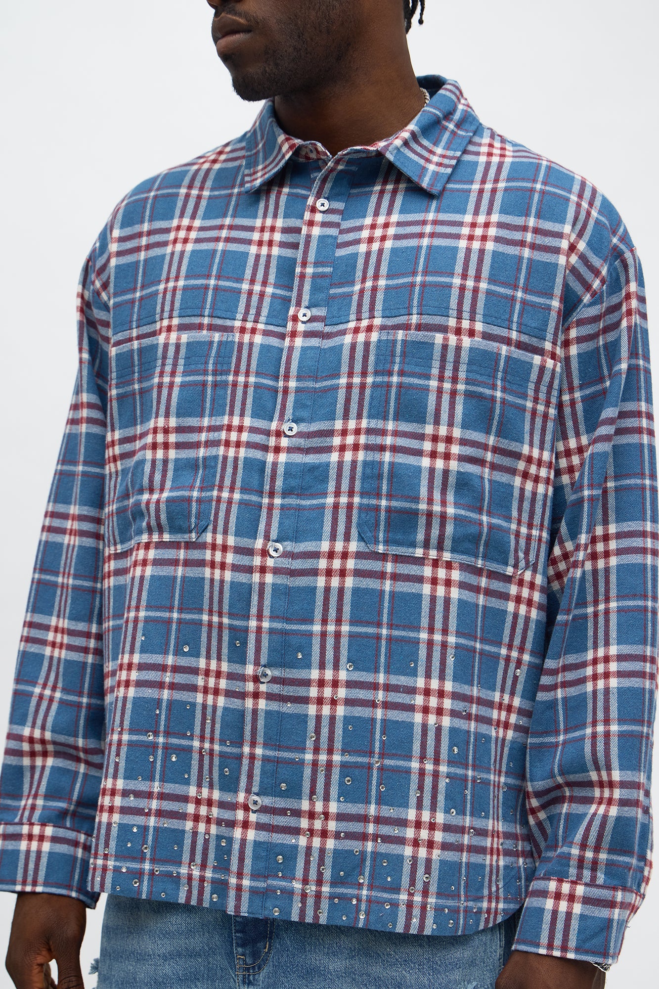 Studio Stampede Rhinestone Flannel - Blue/combo