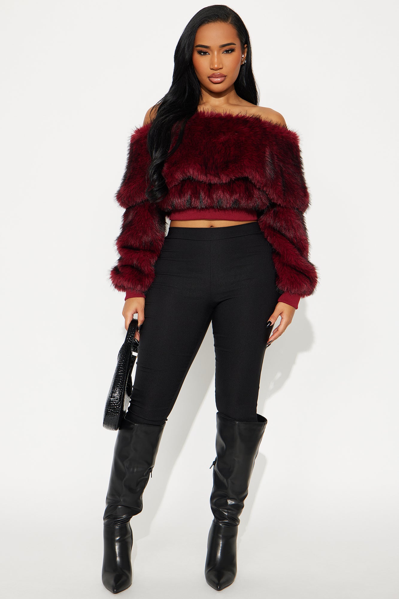 High Class Energy Faux Fur Off Shoulder Sweater - Burgundy