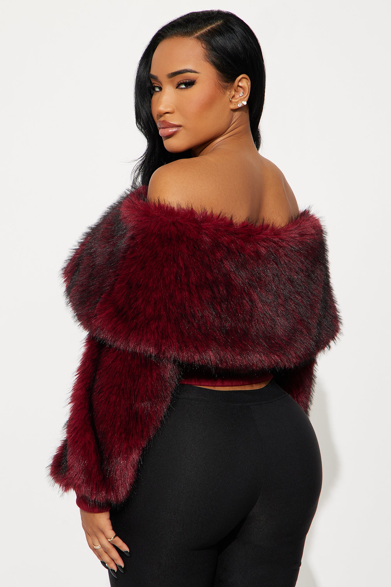 High Class Energy Faux Fur Off Shoulder Sweater - Burgundy