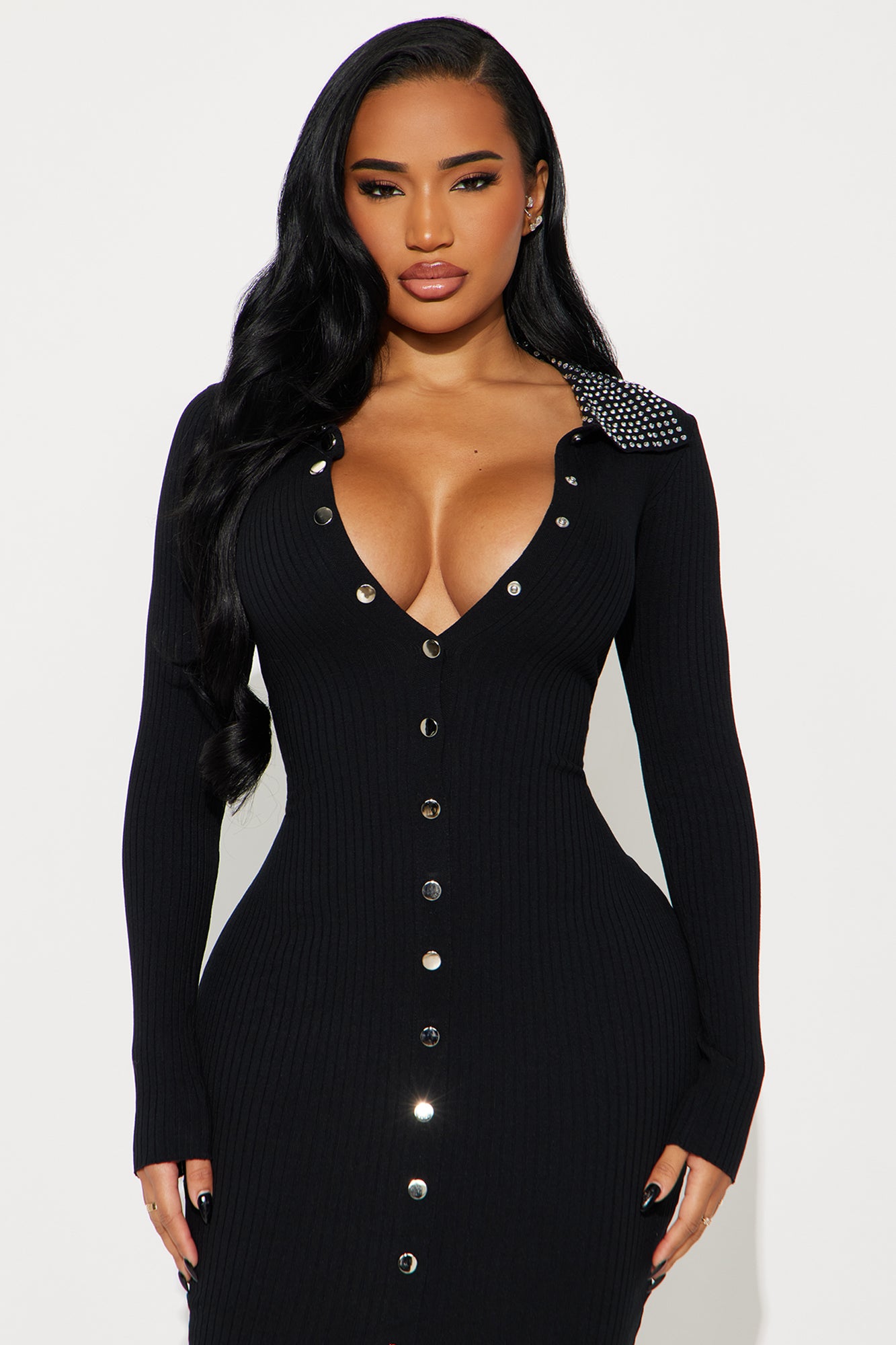 Maria Rhinestone Collar Sweater Midi Dress - Black