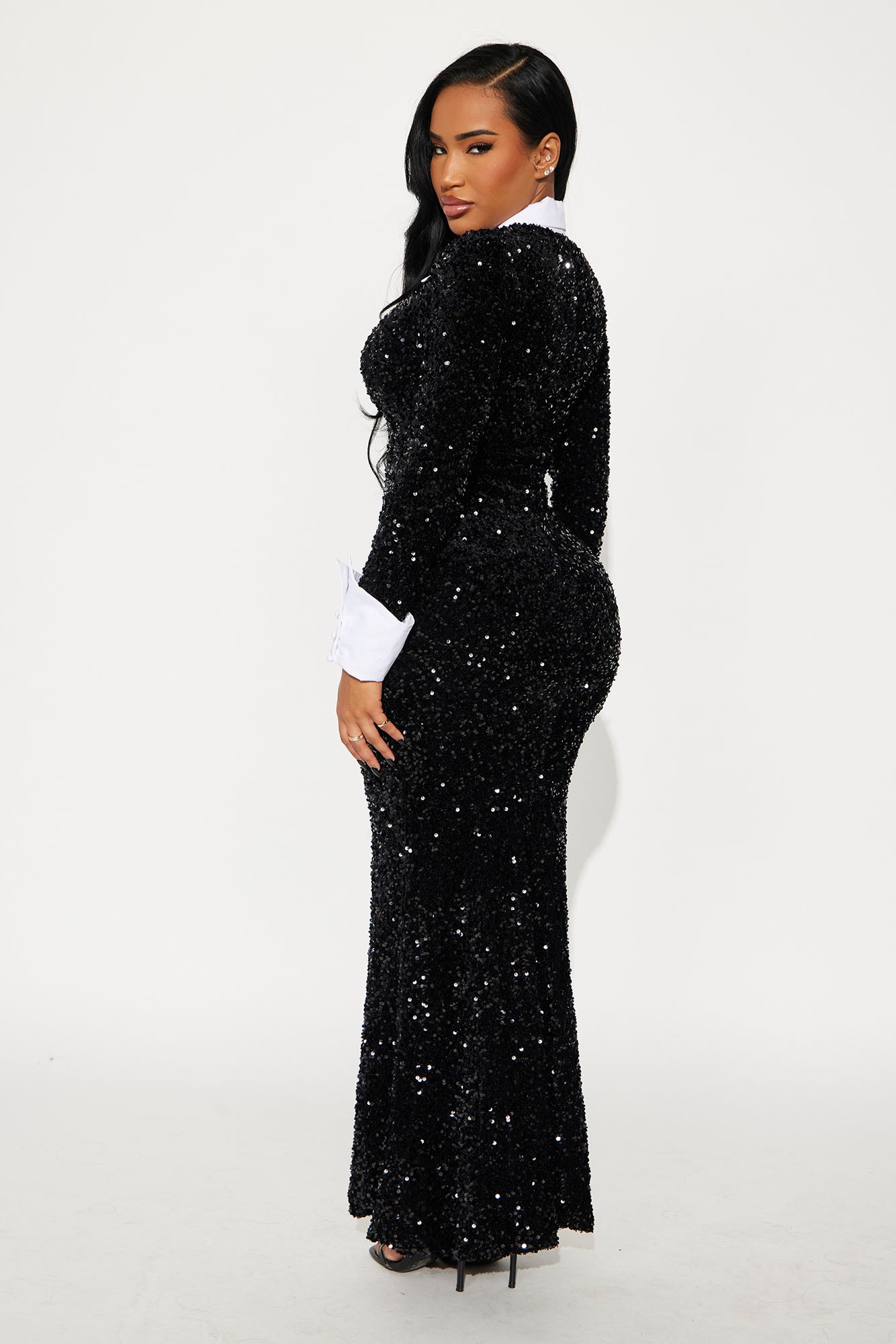 Krissy Long Sleeve Sequin Maxi Dress - Black/White