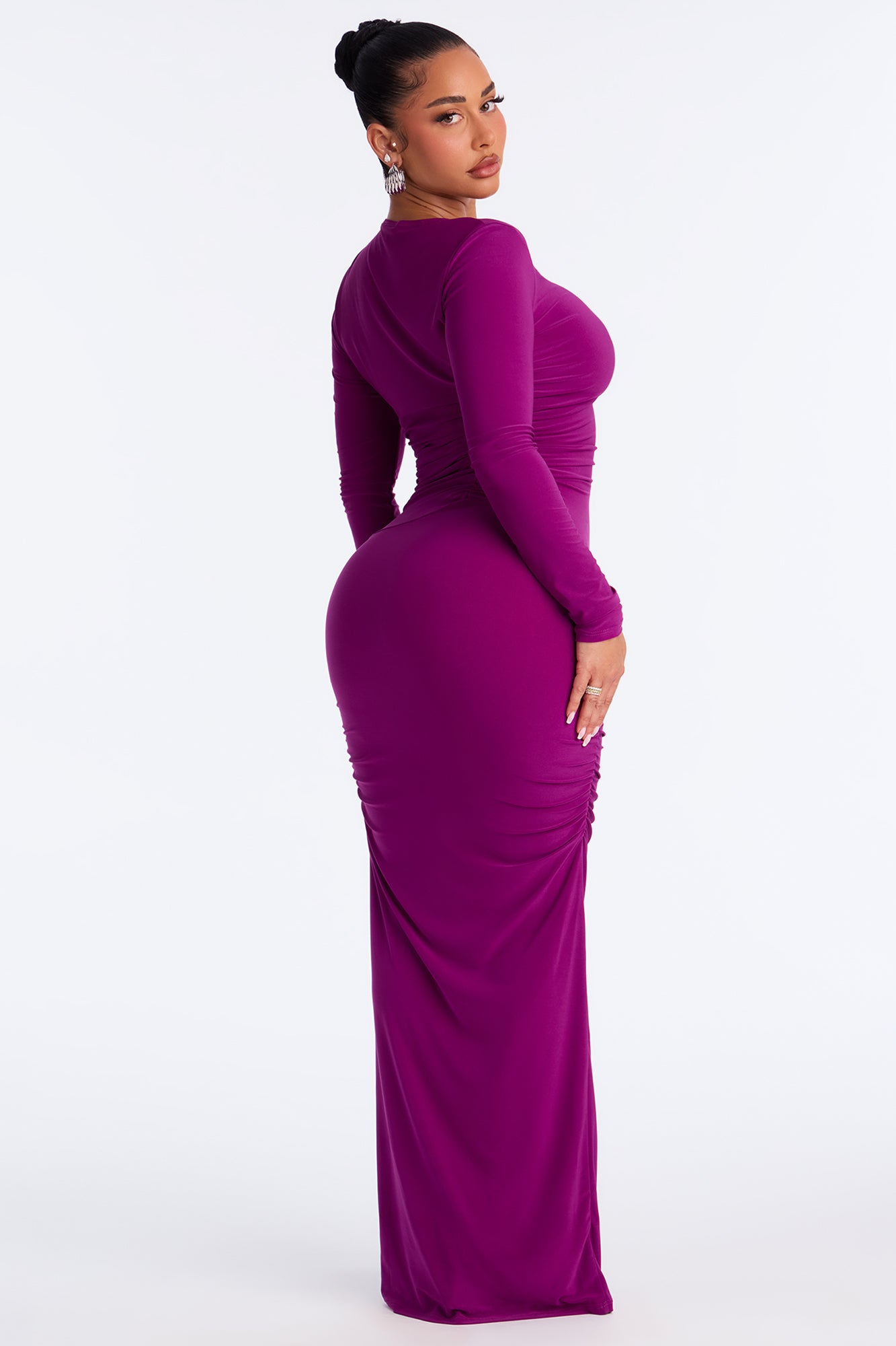 Keep Calling Ruched Long Sleeve Maxi Dress - Plum