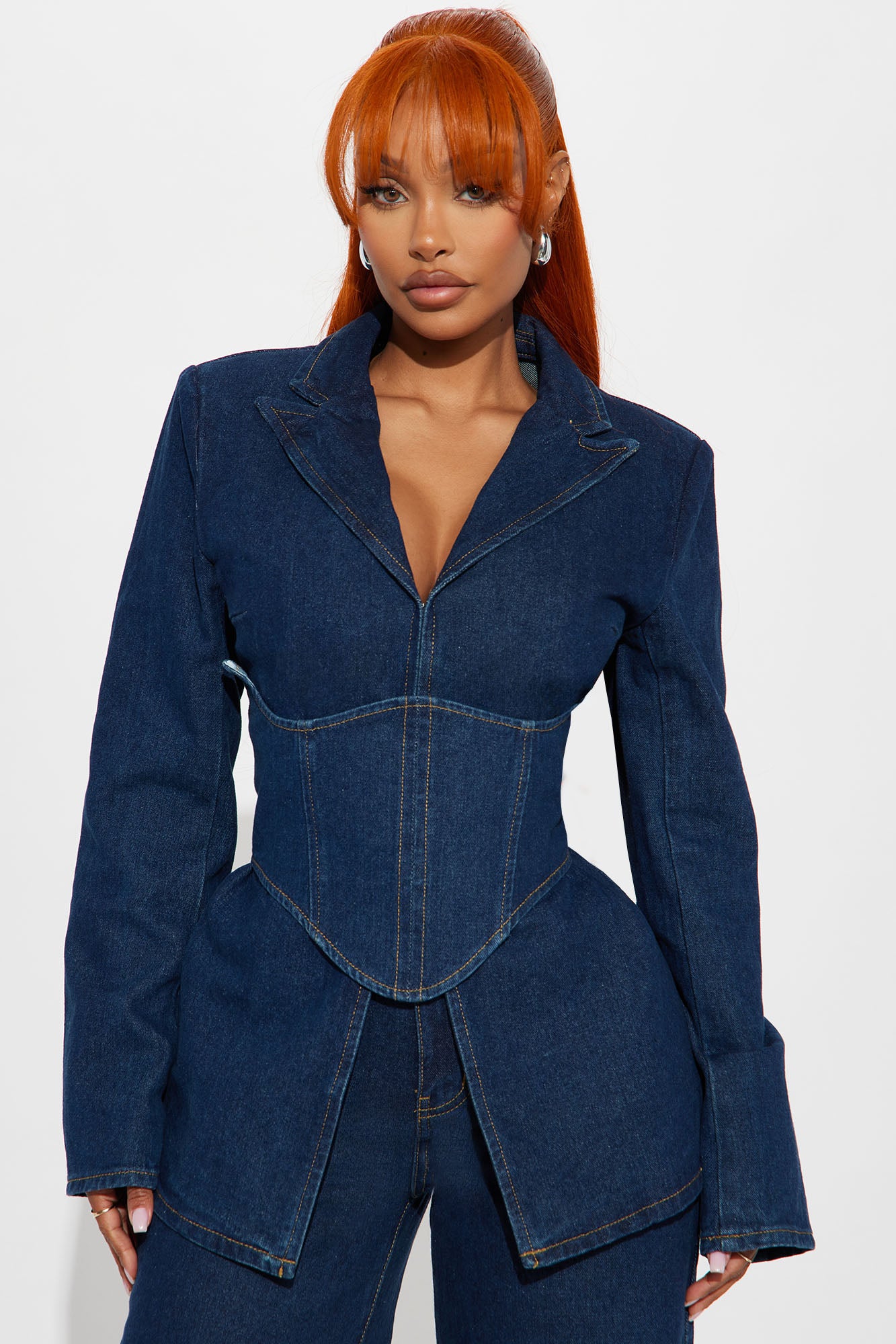 Get Down To Business Corseted Denim Blazer Jacket - Dark Wash