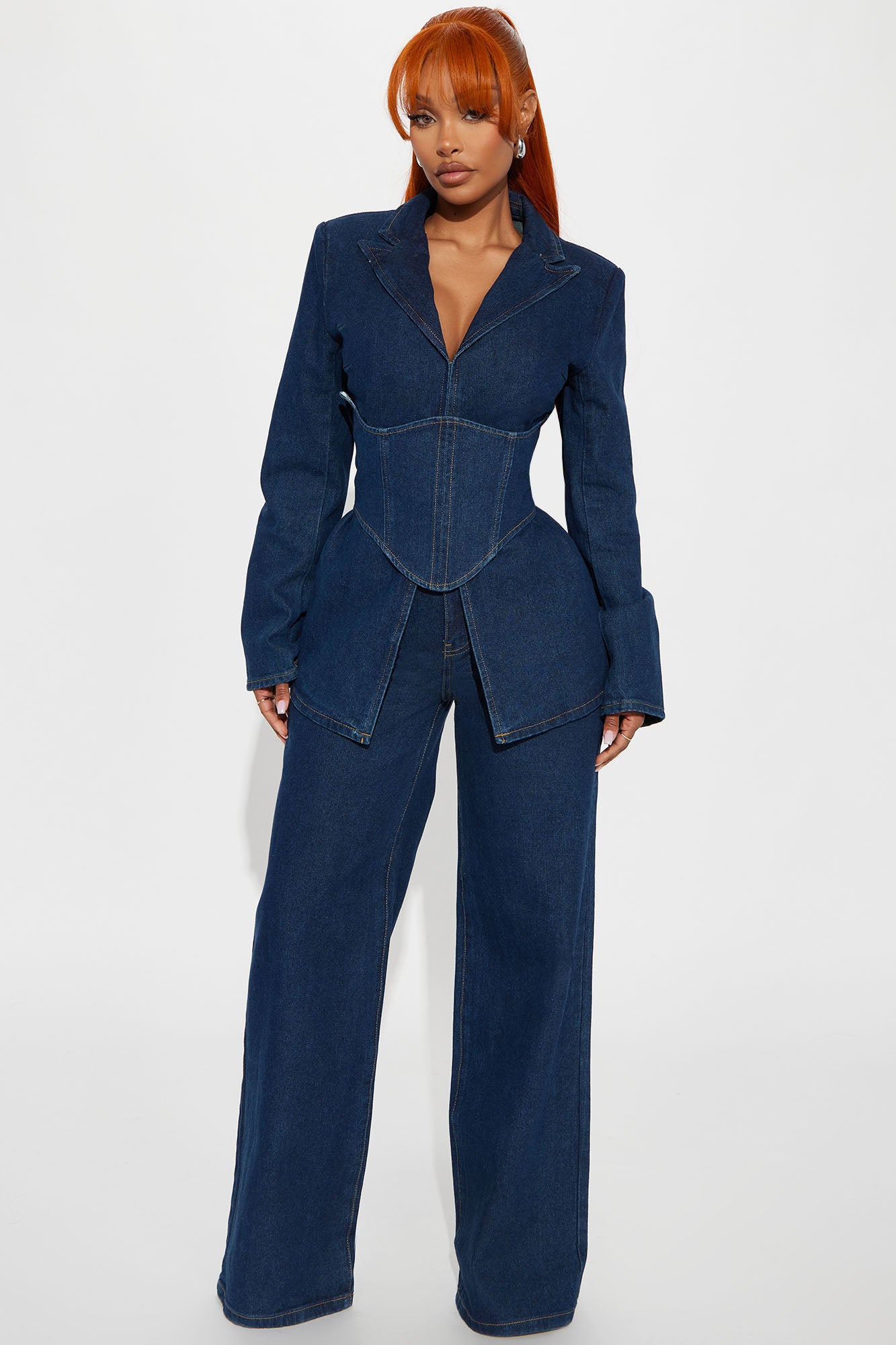 Get Down To Business Corseted Denim Blazer Jacket - Dark Wash