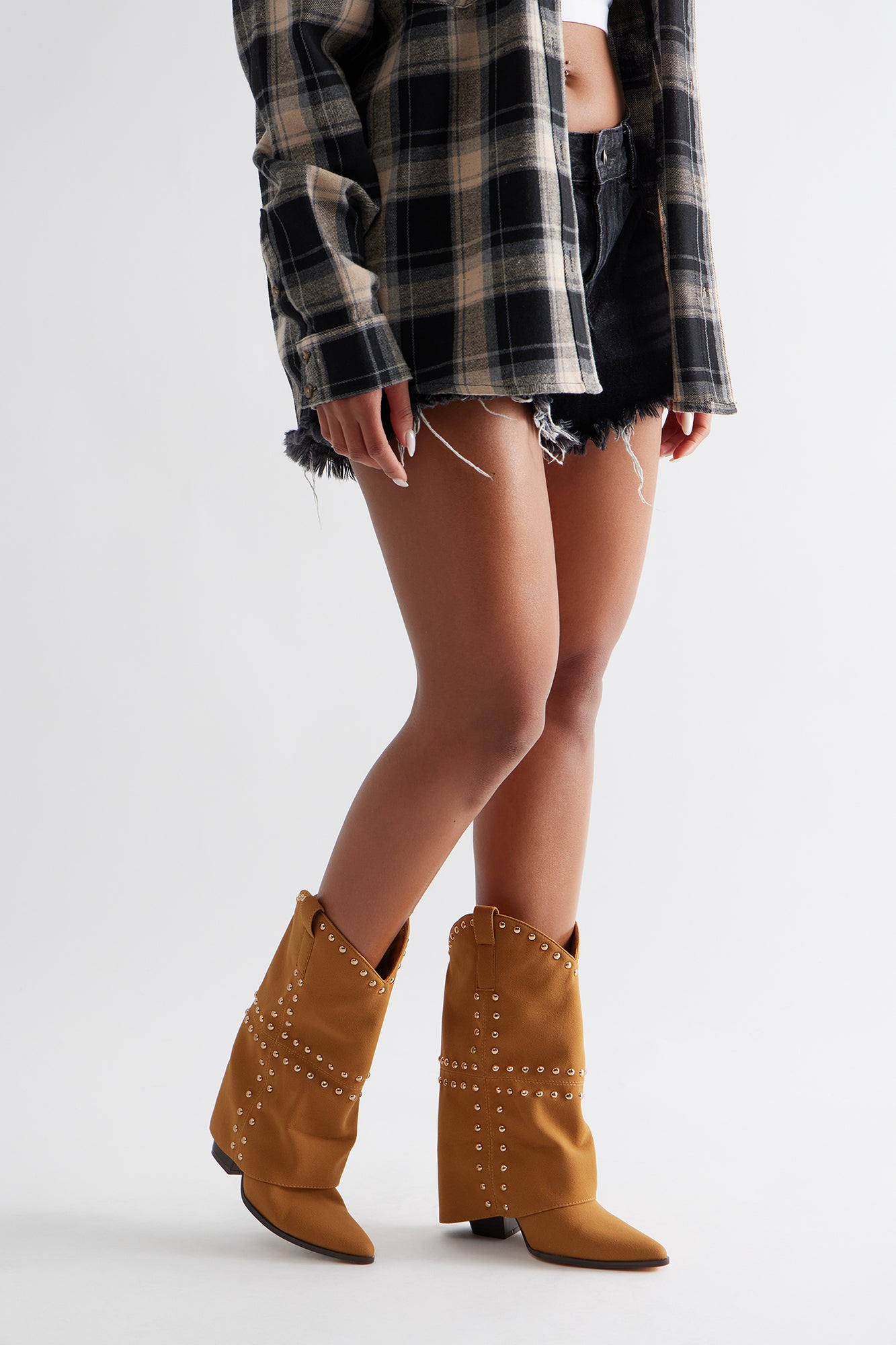 Tempe Studded Overlay Cowboy Boots - Chestnut
