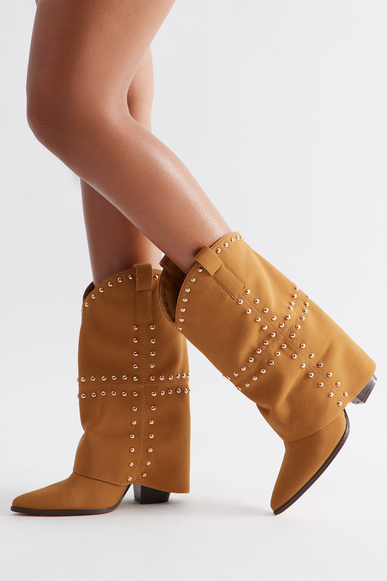 Tempe Studded Overlay Cowboy Boots - Chestnut