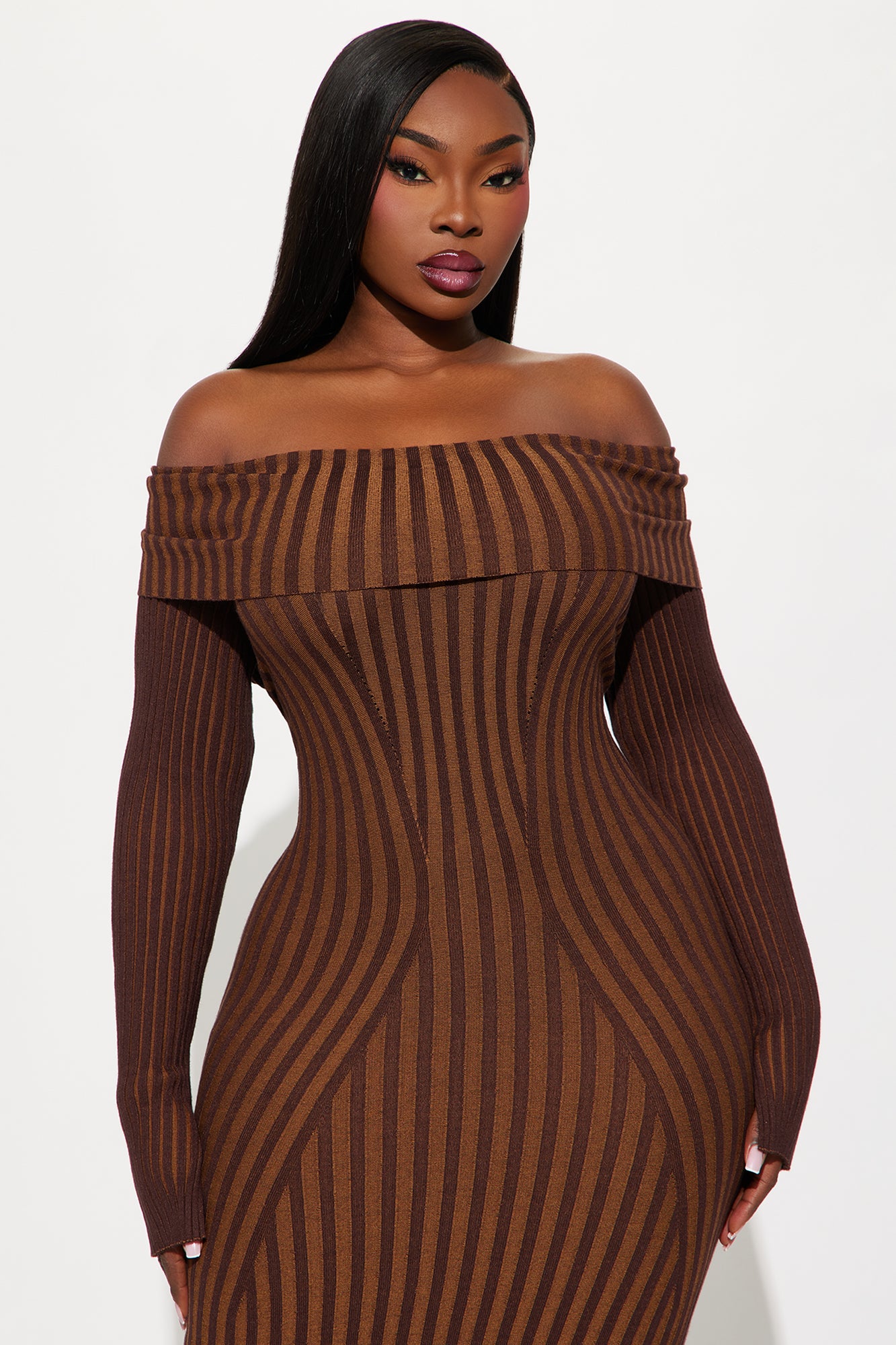 Cosette Striped Sweater Midi Dress - Brown