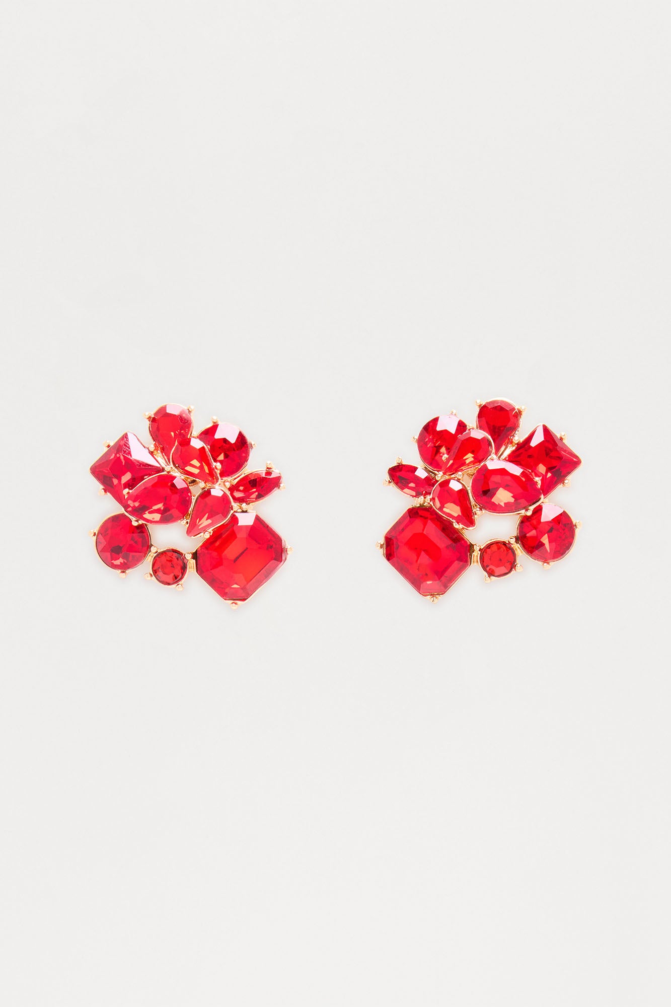 Rhinestone Cluster Stud Earrings - Gold/Red