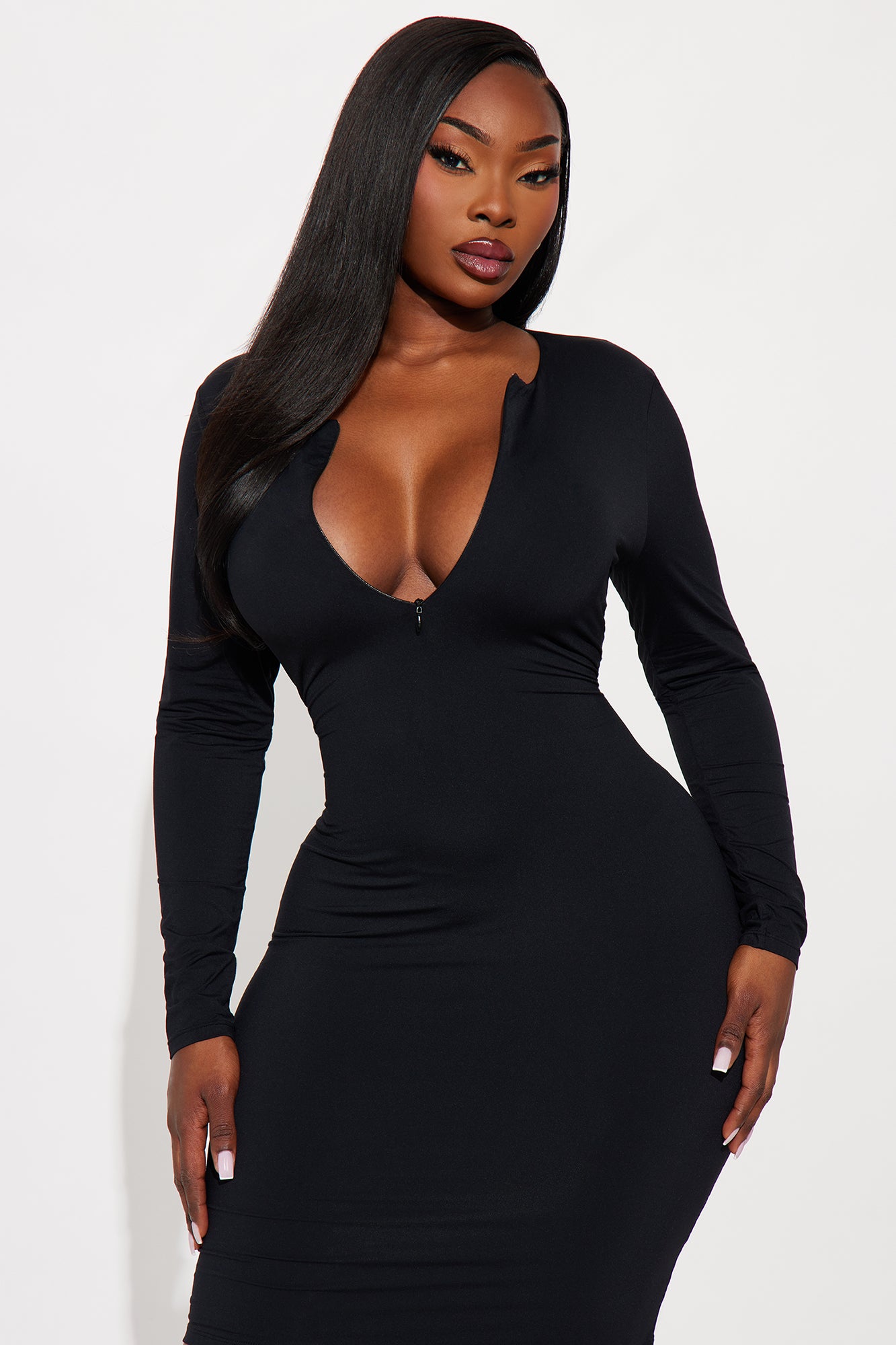 Second Skin Double Lined Zip Front Long Sleeve Midi Dress - Black