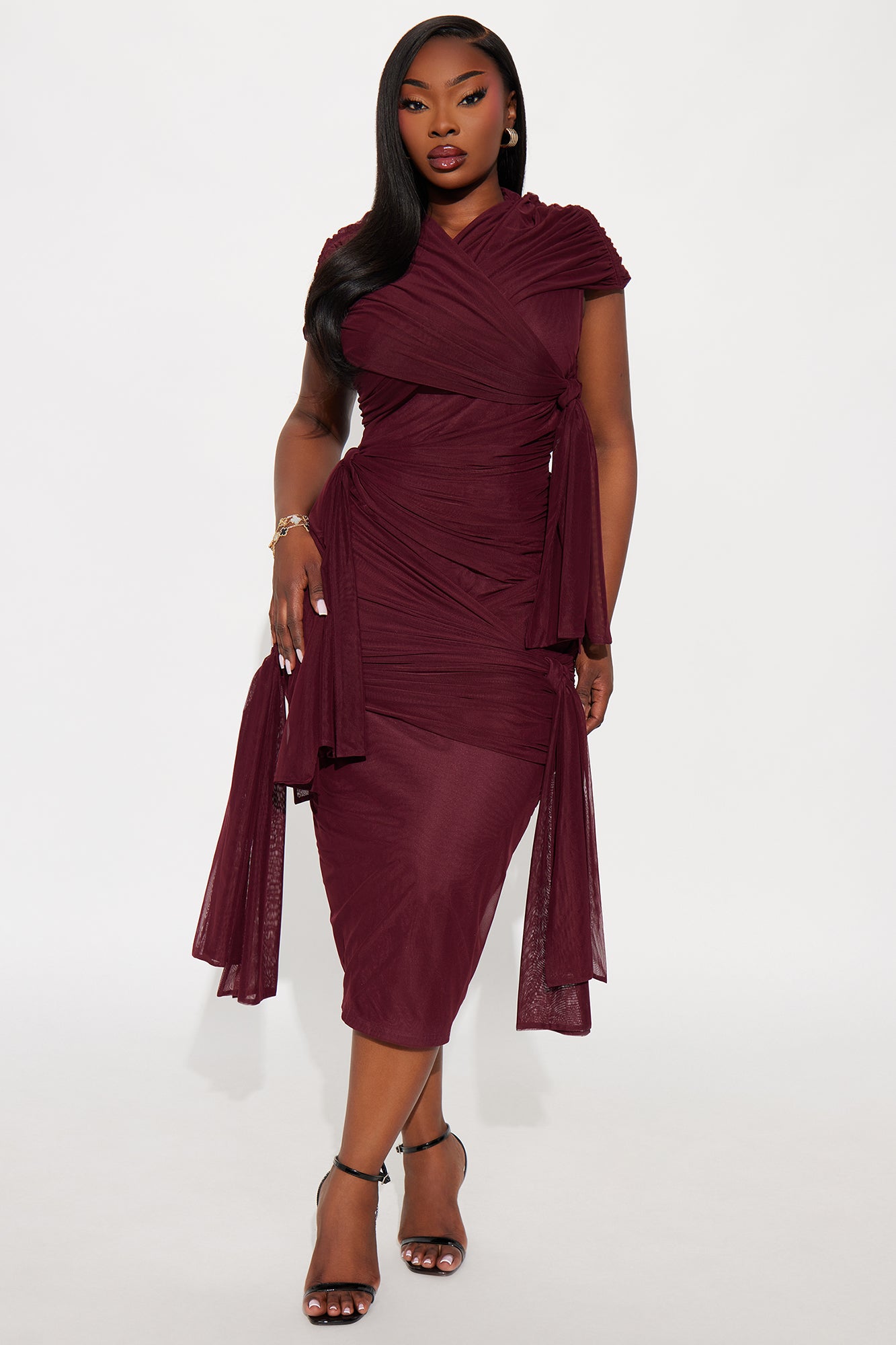 Darcy Draped Mesh Midi Dress - Burgundy