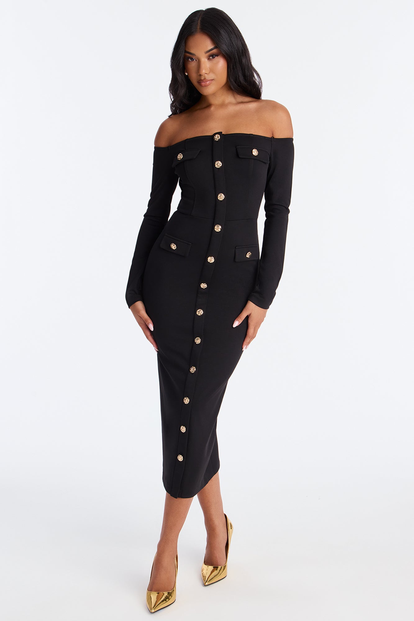 Goldie Off Shoulder Midi Dress - Black