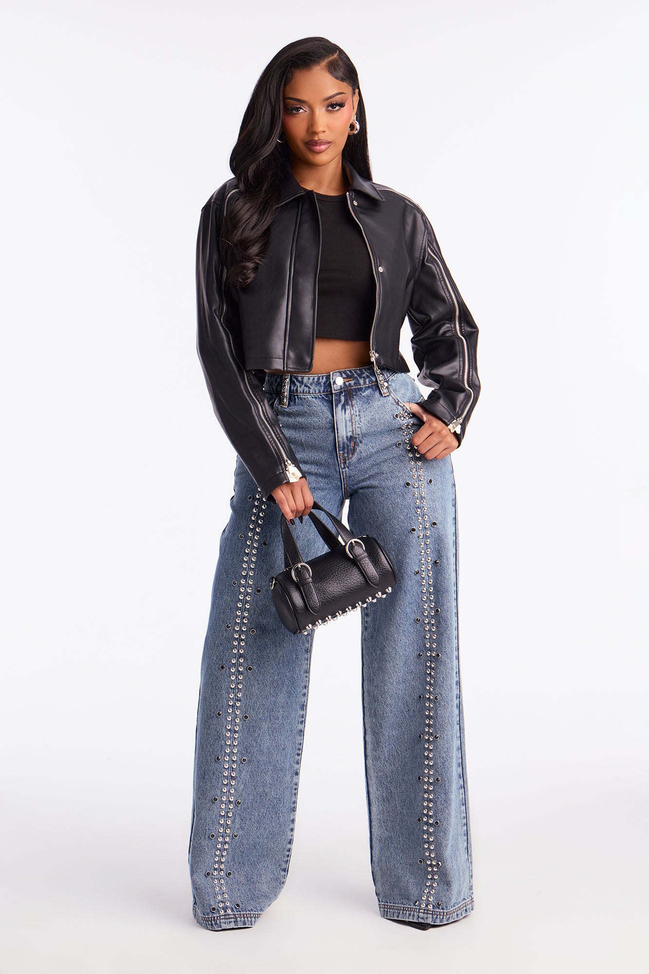 Hollywood Studded Wide Leg Jeans - Light Blue Wash