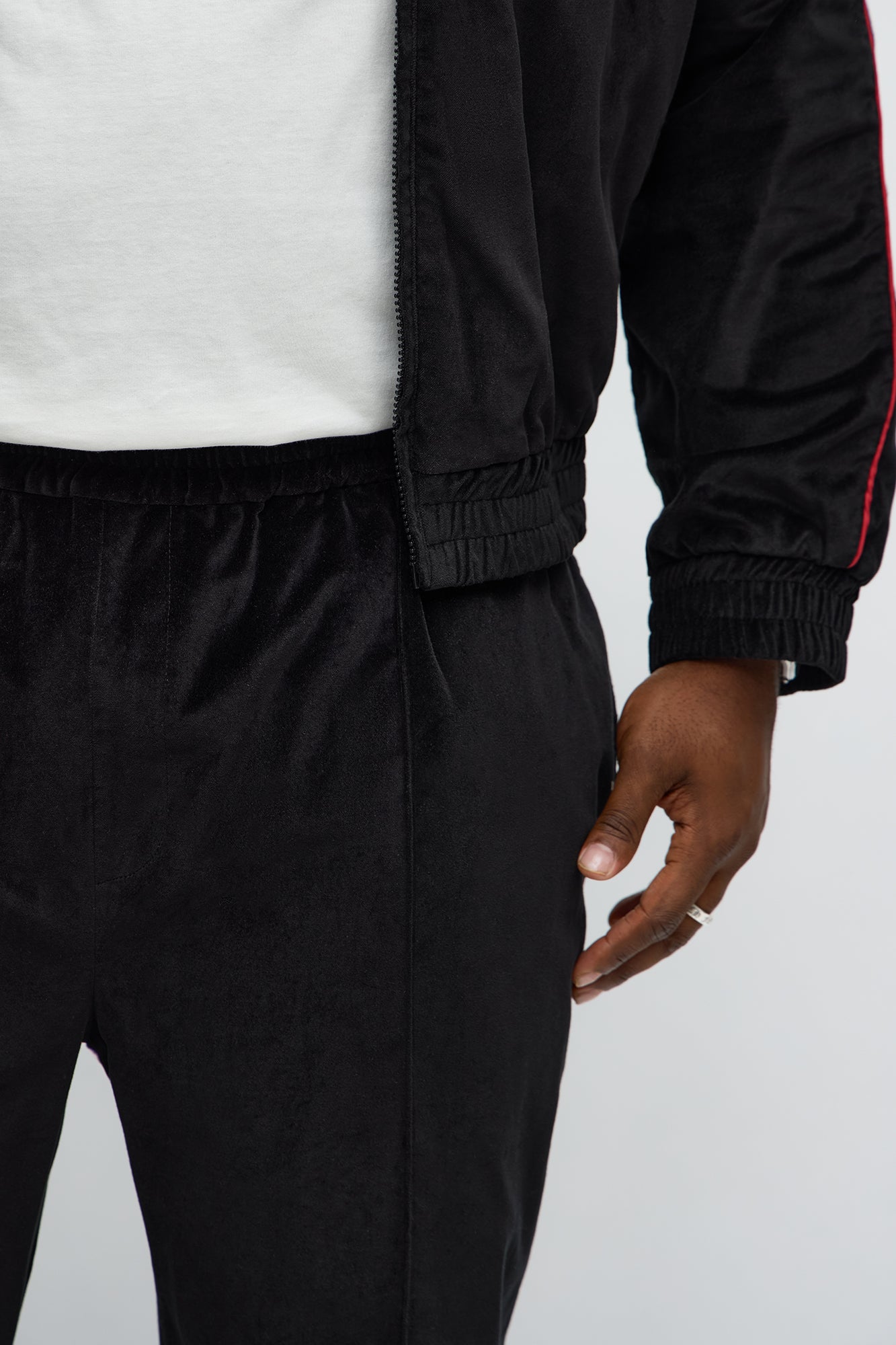 Straight Around The Track Faux Velour Piped Pant - Black