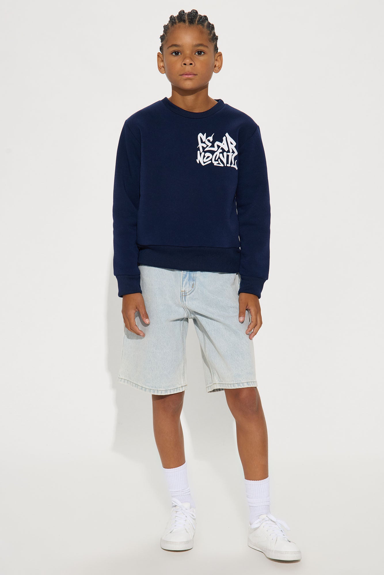 Mini Fear No Evil Front/Back Crew Neck Sweatshirt - Navy