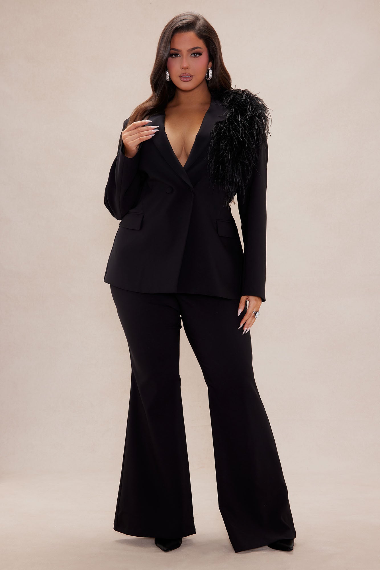 Diana Feather Blazer Suit Set - Black