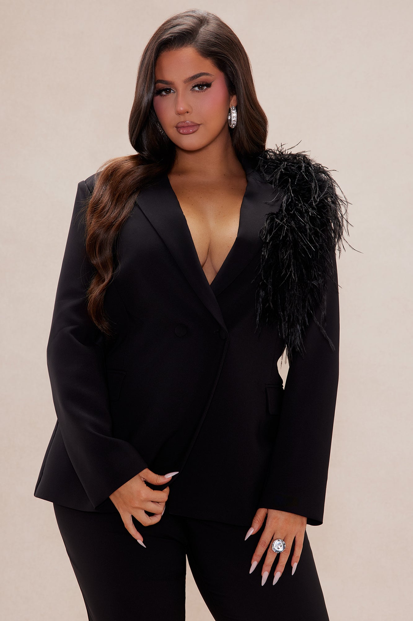 Diana Feather Blazer Suit Set - Black