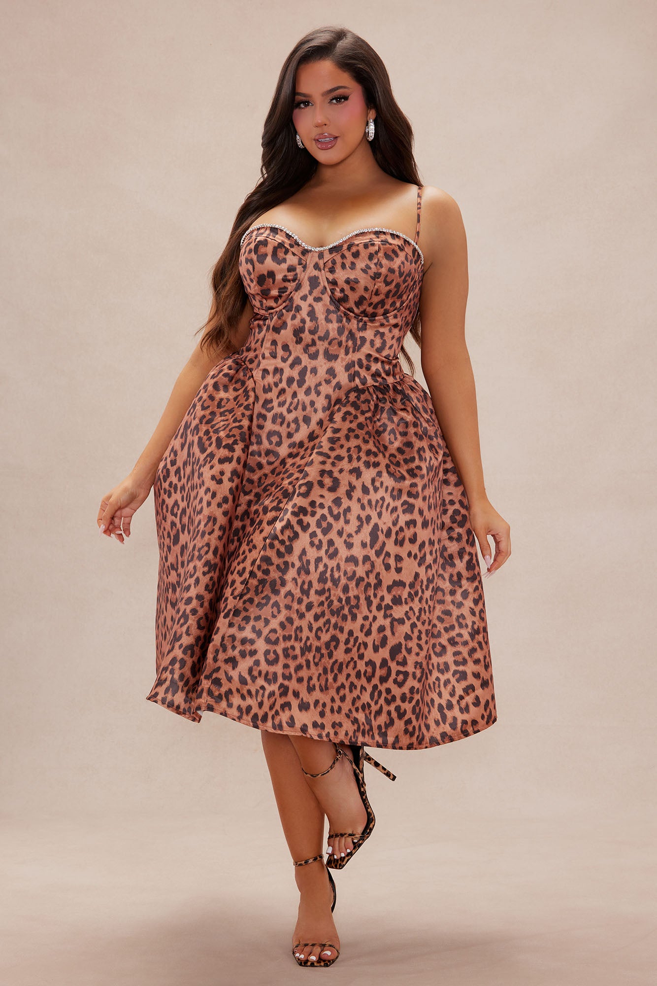 Roaring Love Leopard Satin Midi Dress - Leopard