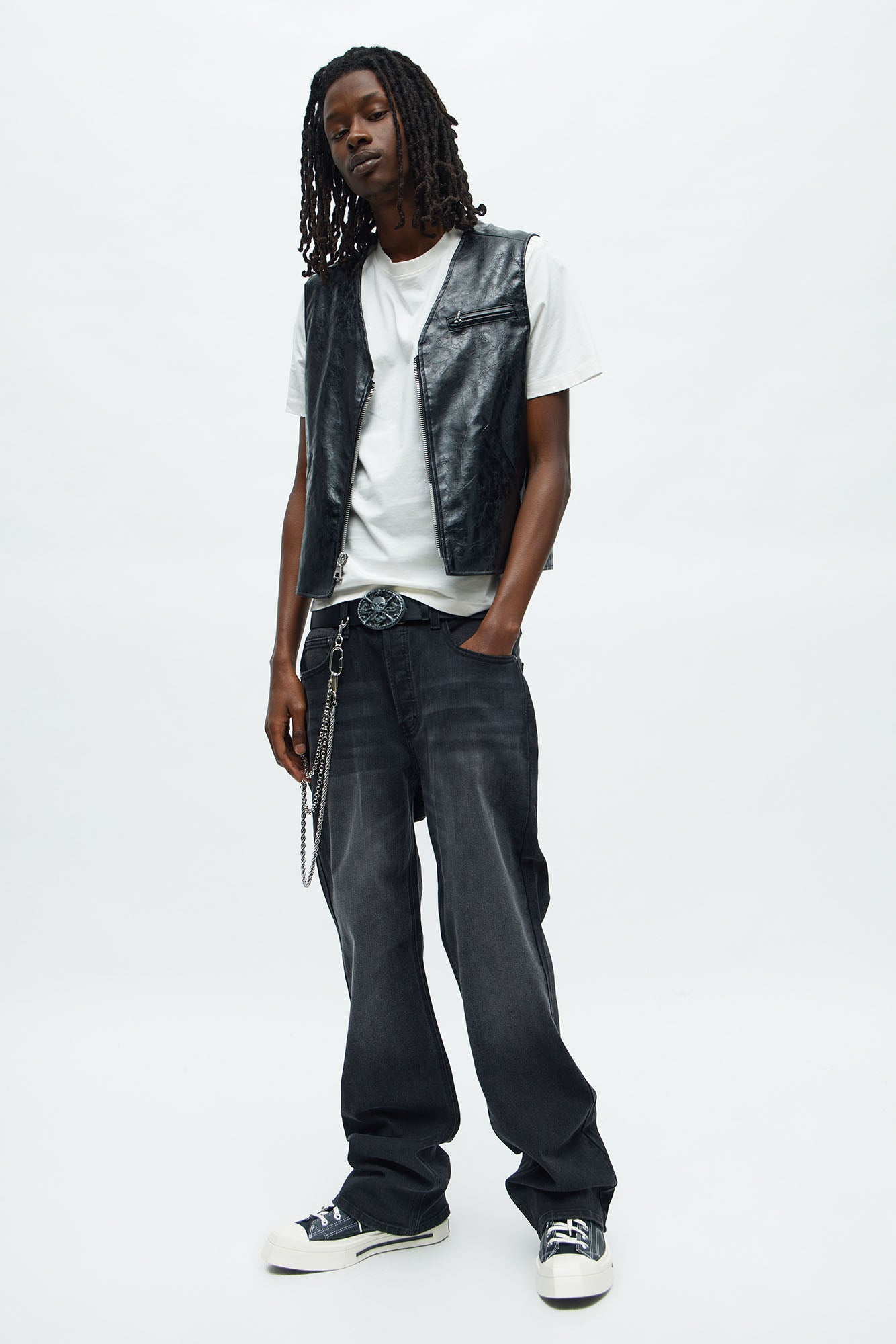Textured Faux Leather Zip Vest - Black