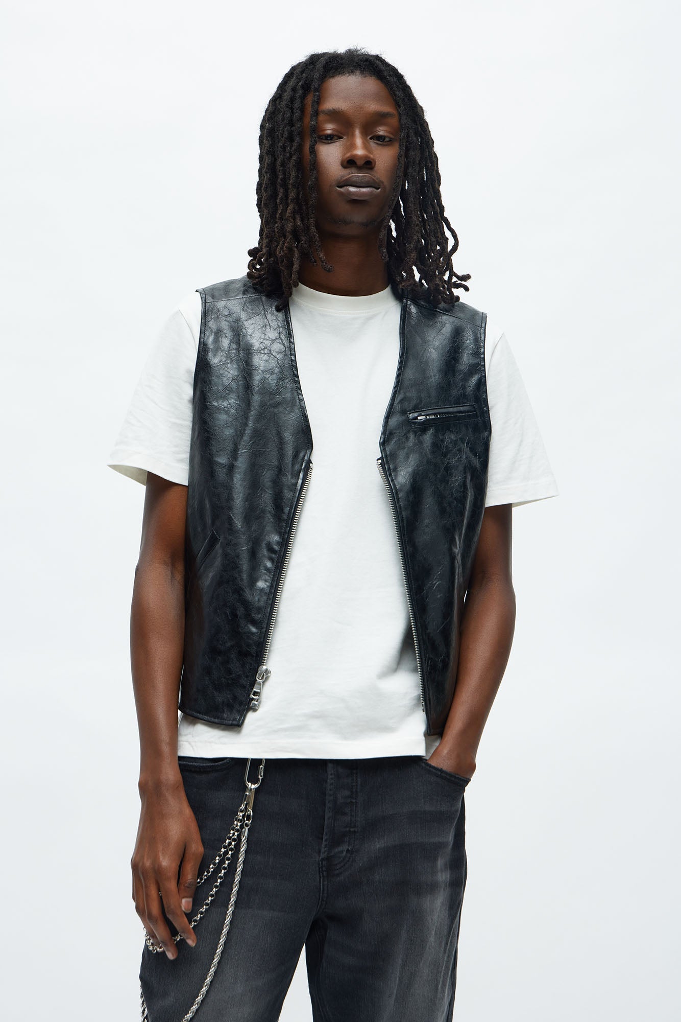 Textured Faux Leather Zip Vest - Black