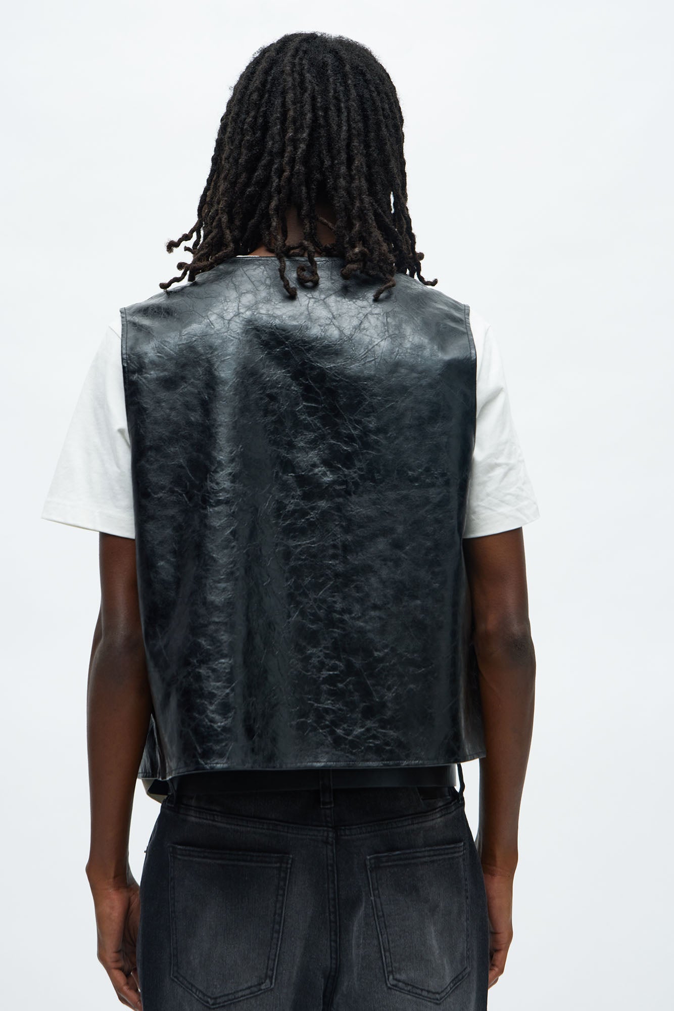 Textured Faux Leather Zip Vest - Black