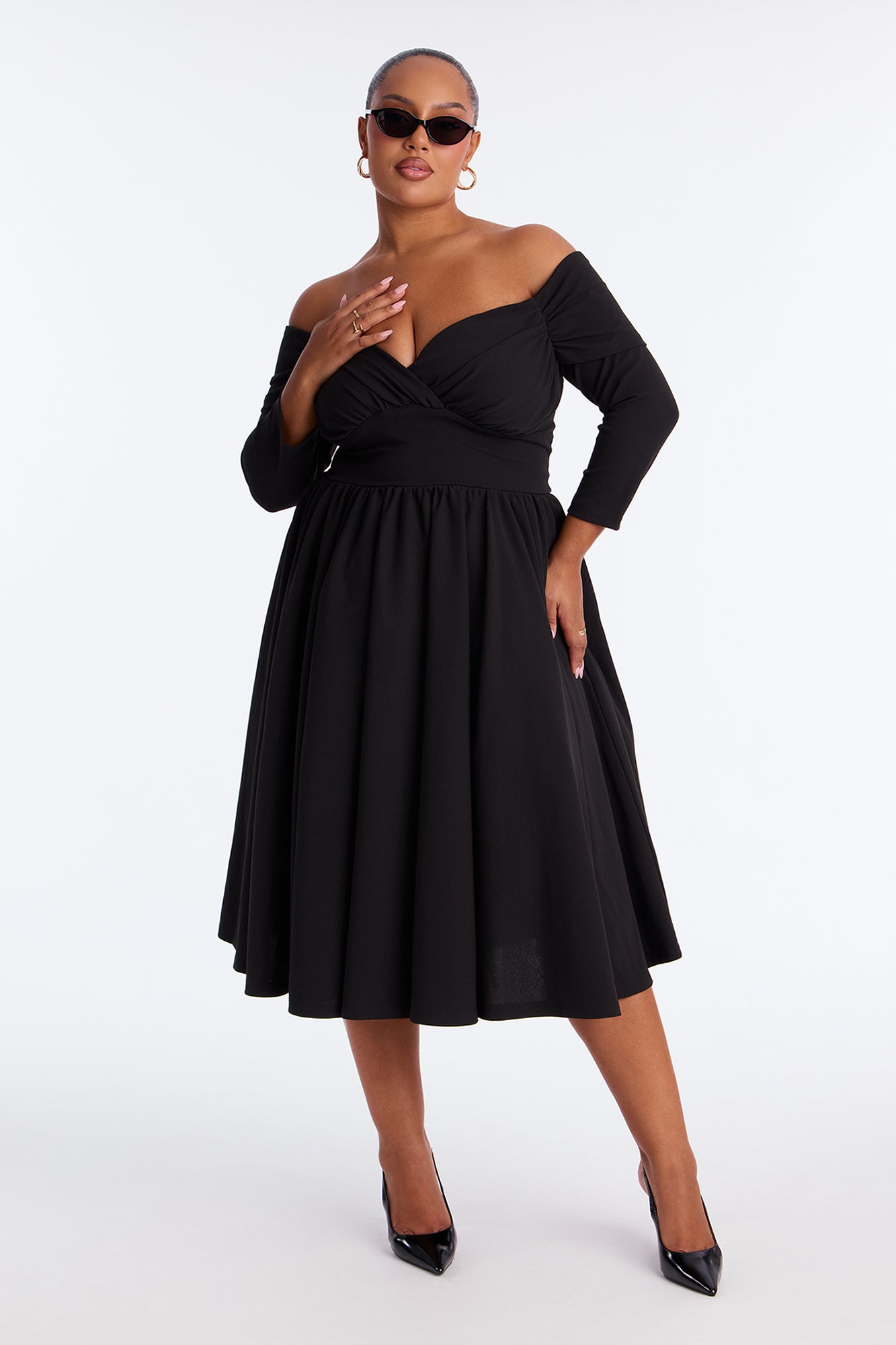 Abby Off Shoulder Crepe Knit Midi Dress - Black