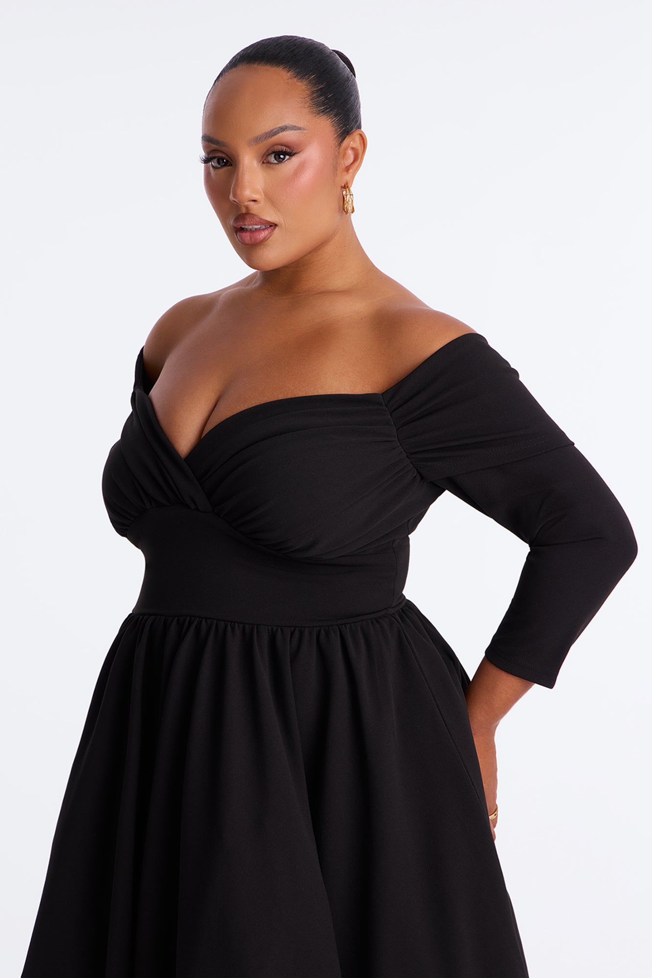Abby Off Shoulder Crepe Knit Midi Dress - Black