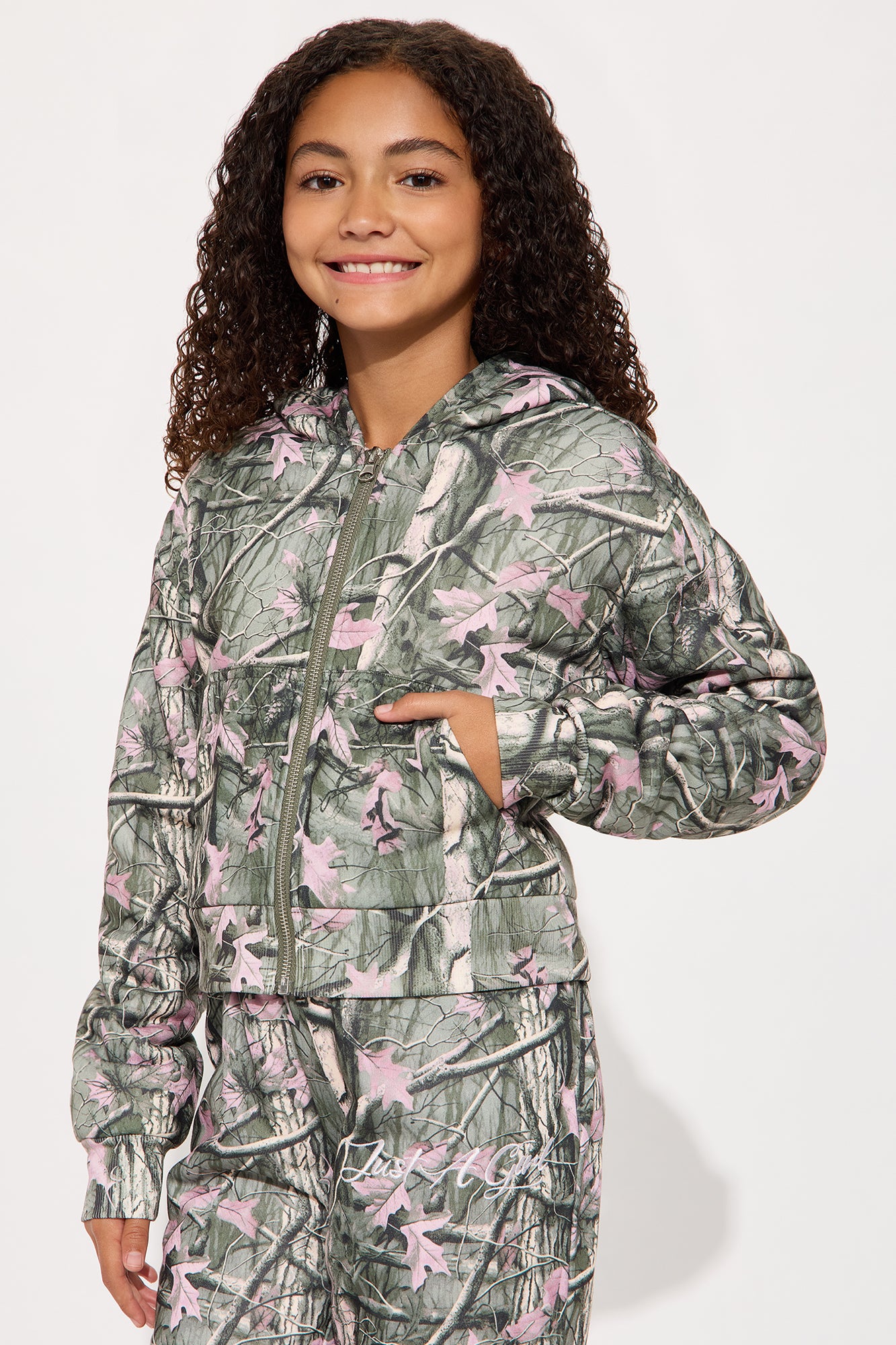 Mini Just A Girl Camo Zip Hoodie - Olive
