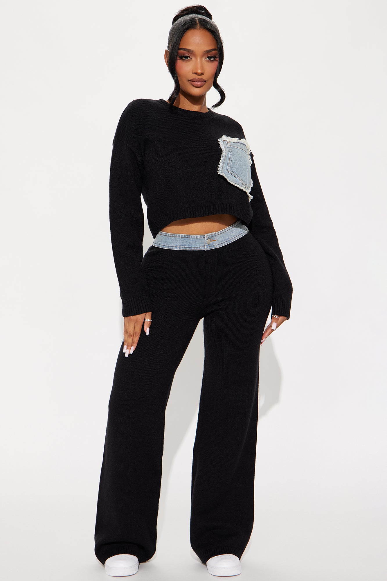 Melanie Mixed Sweater Pant Set - Black