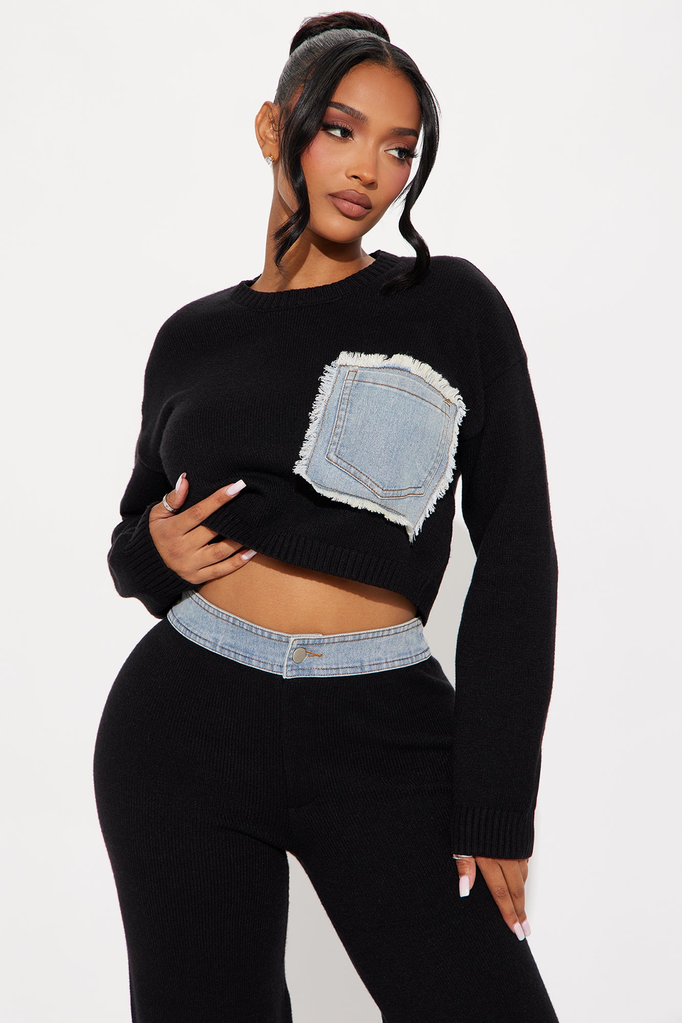 Melanie Mixed Sweater Pant Set - Black